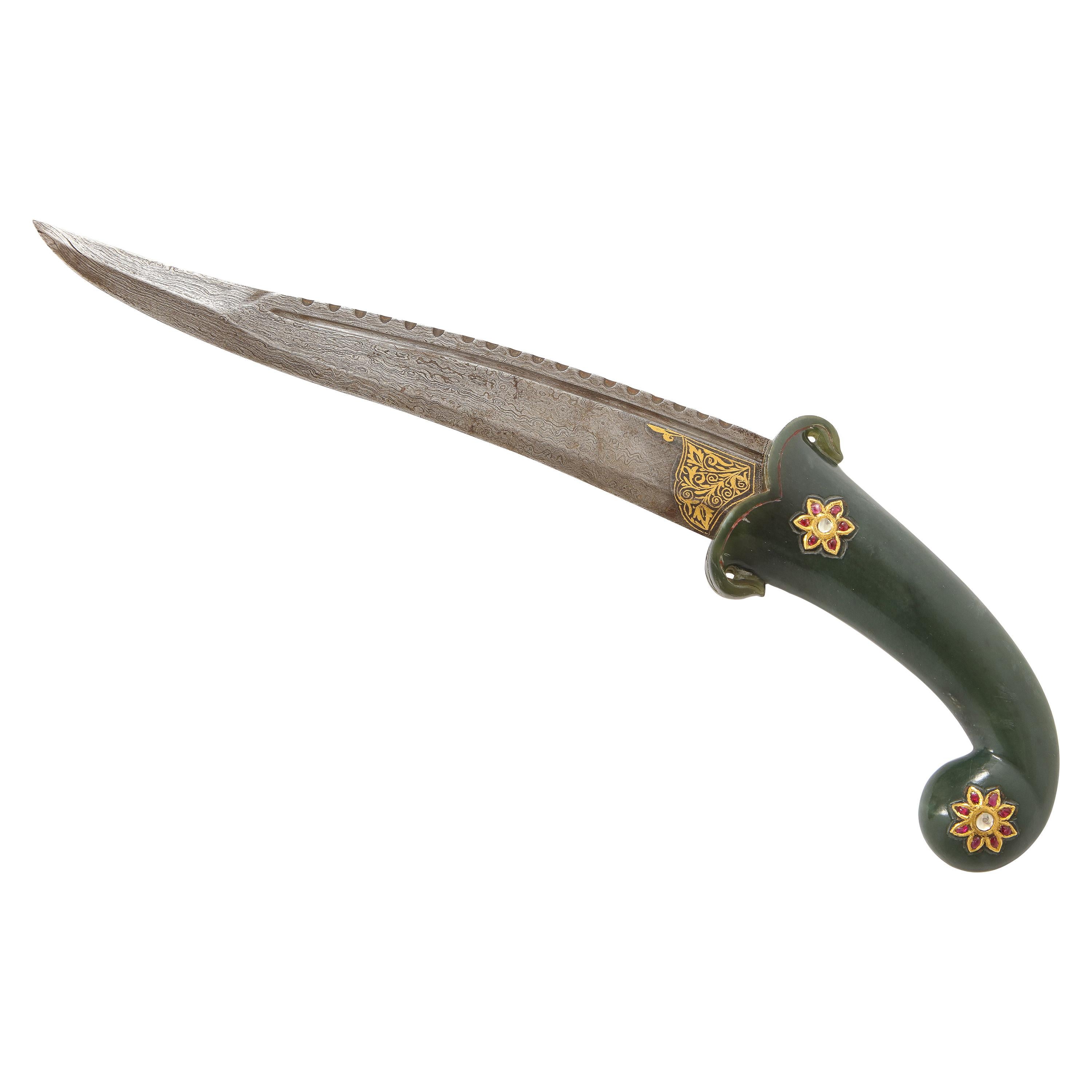 18th/19th Century Mughal Dynasty Gold and Gem Encrusted Jade Dagger For Sale