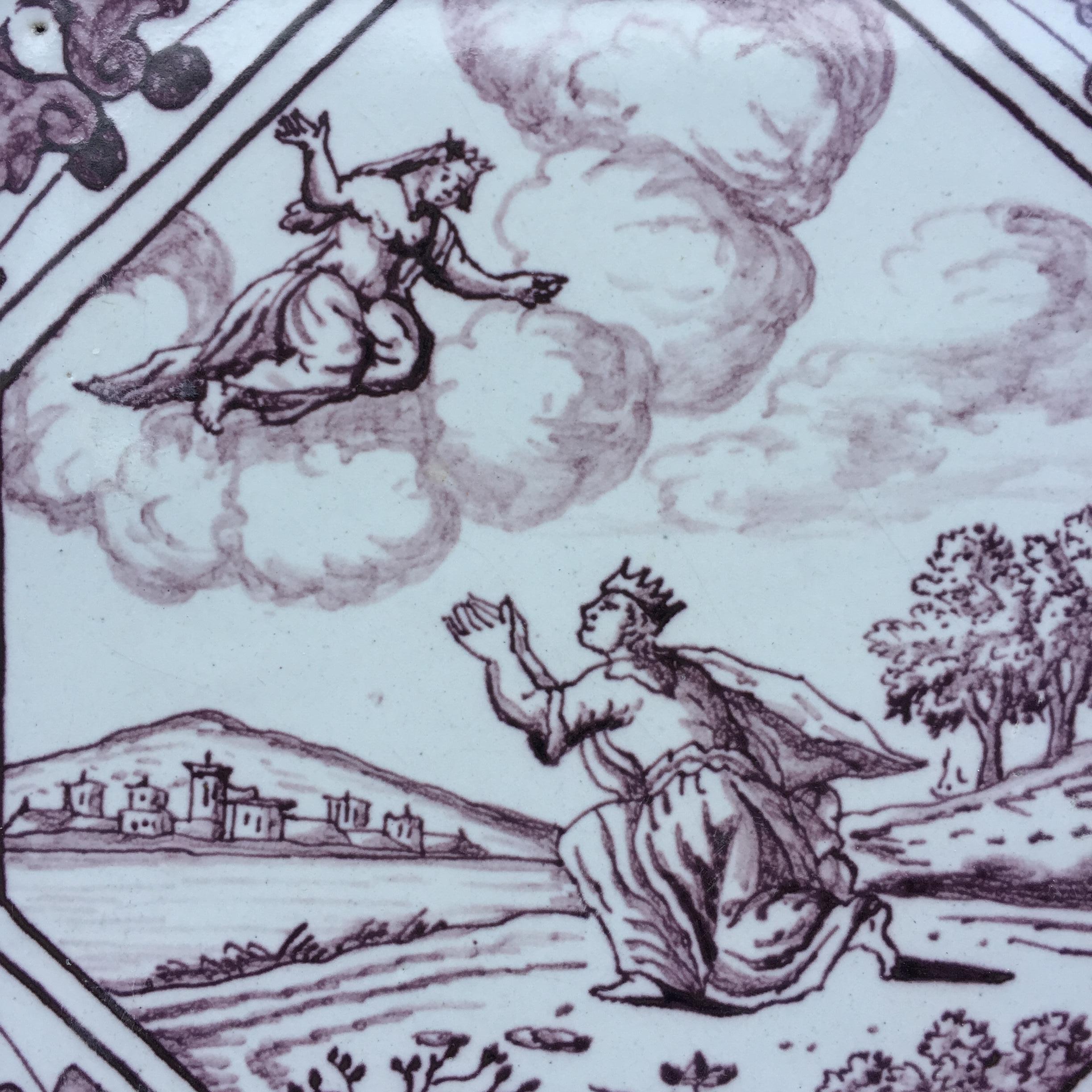 Fired 18th century mythological Dutch Delft tile with decoration of Hersillia & Juno For Sale