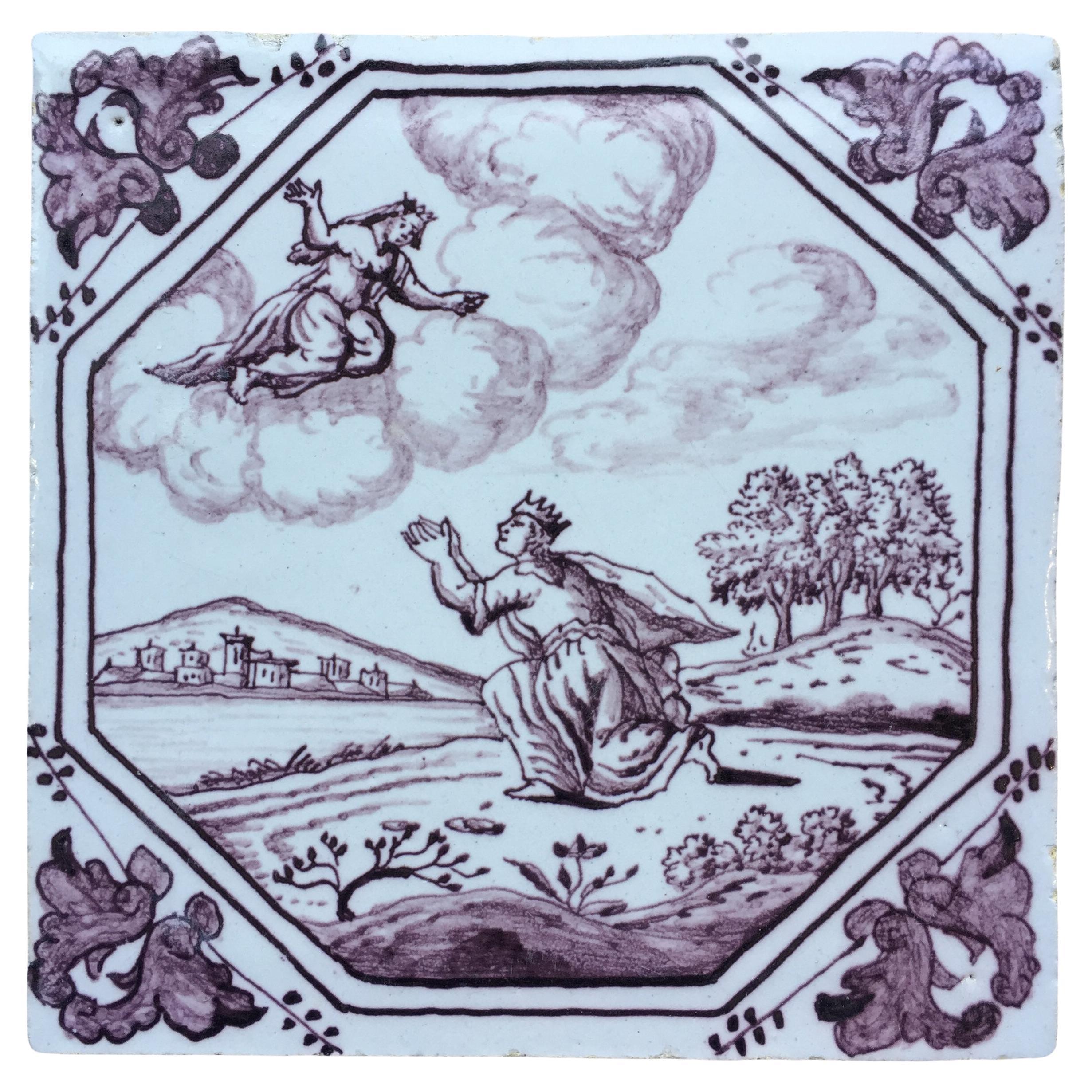 18th century mythological Dutch Delft tile with decoration of Hersillia & Juno For Sale