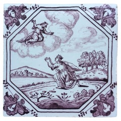 Antique 18th century mythological Dutch Delft tile with decoration of Hersillia & Juno