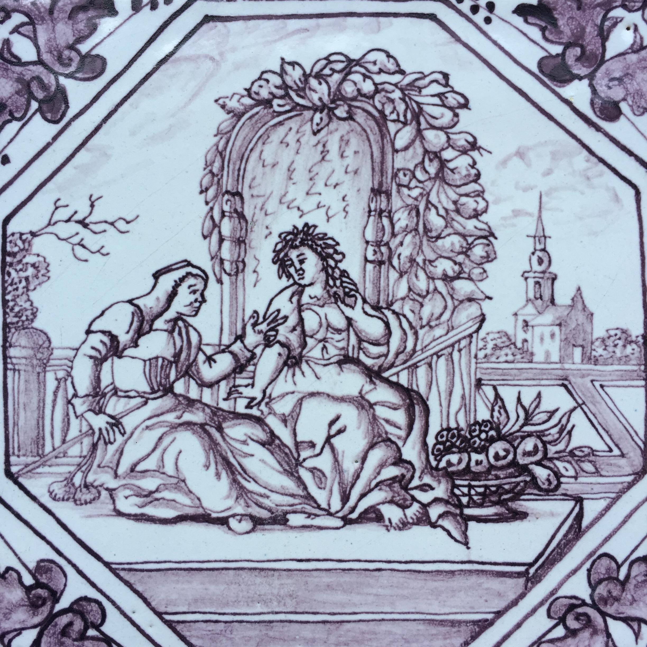 Rotterdam
Ca. 1740
Atelier Hendrick Schut

Un très beau carreau peint avec une décoration mythologique d'après Ovidius.
Ce qui est particulier, c'est que cette tuile présente une décoration tirée de la mythologie romaine, qui n'est pas liée à la