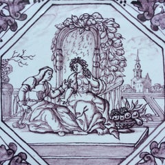 18th century mythological Dutch Delft tile with decoration of Vertumnis & Pomona