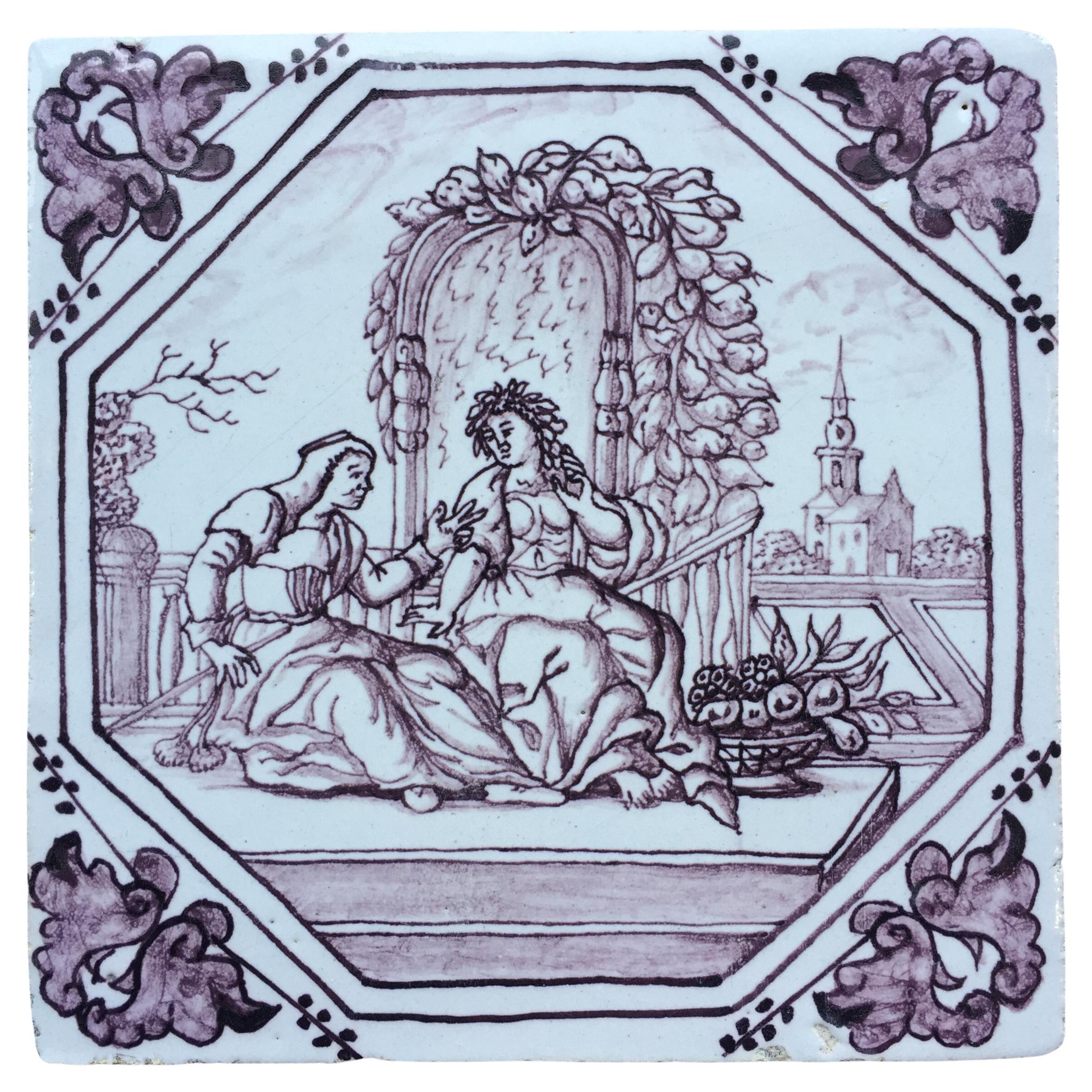 18th century mythological Dutch Delft tile with decoration of Vertumnis & Pomona For Sale