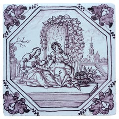 18th century mythological Dutch Delft tile with decoration of Vertumnis & Pomona