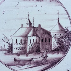 18th century mythological Dutch Delft tile with decoration of a Castle