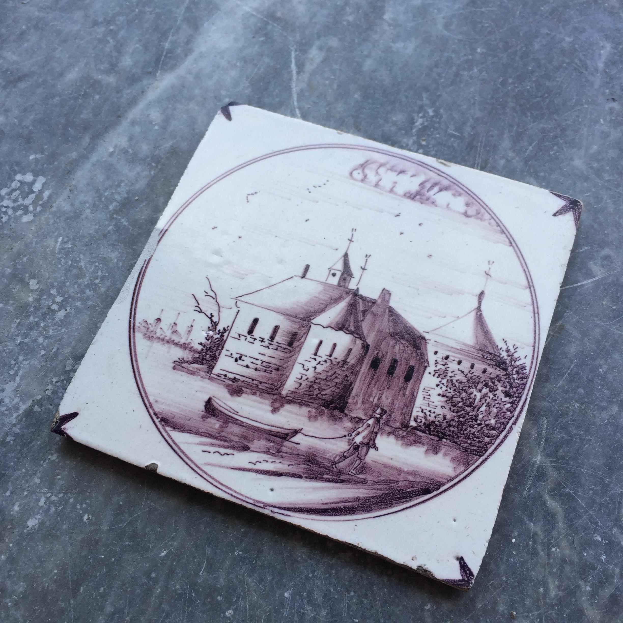 Fired 18th century mythological Dutch Delft tile with decoration of a Castle For Sale