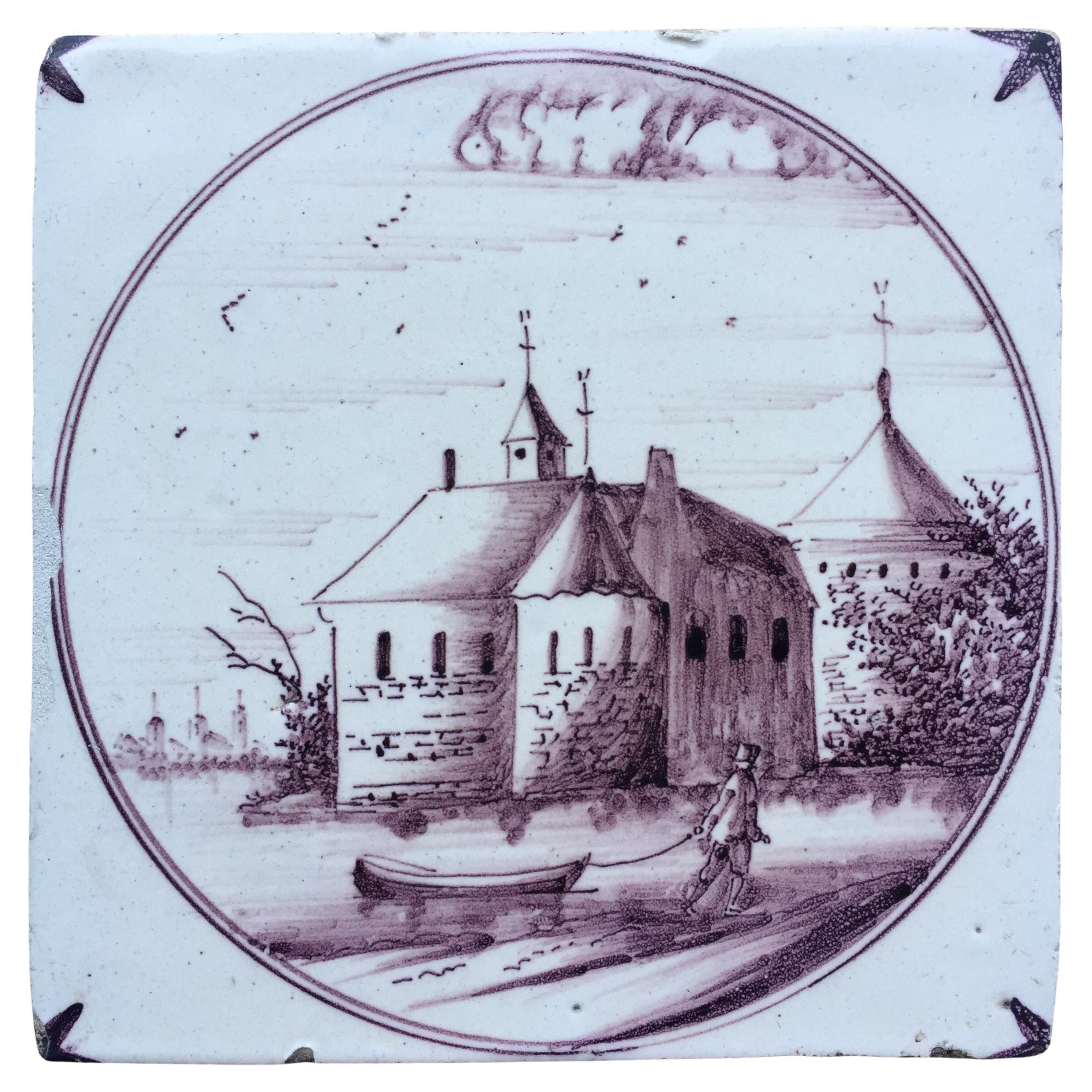 18th century mythological Dutch Delft tile with decoration of a Castle For Sale