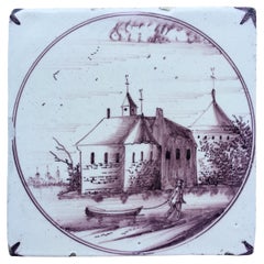 carreaux de Delft mythologiques hollandais du 18e siècle décorés d'un château