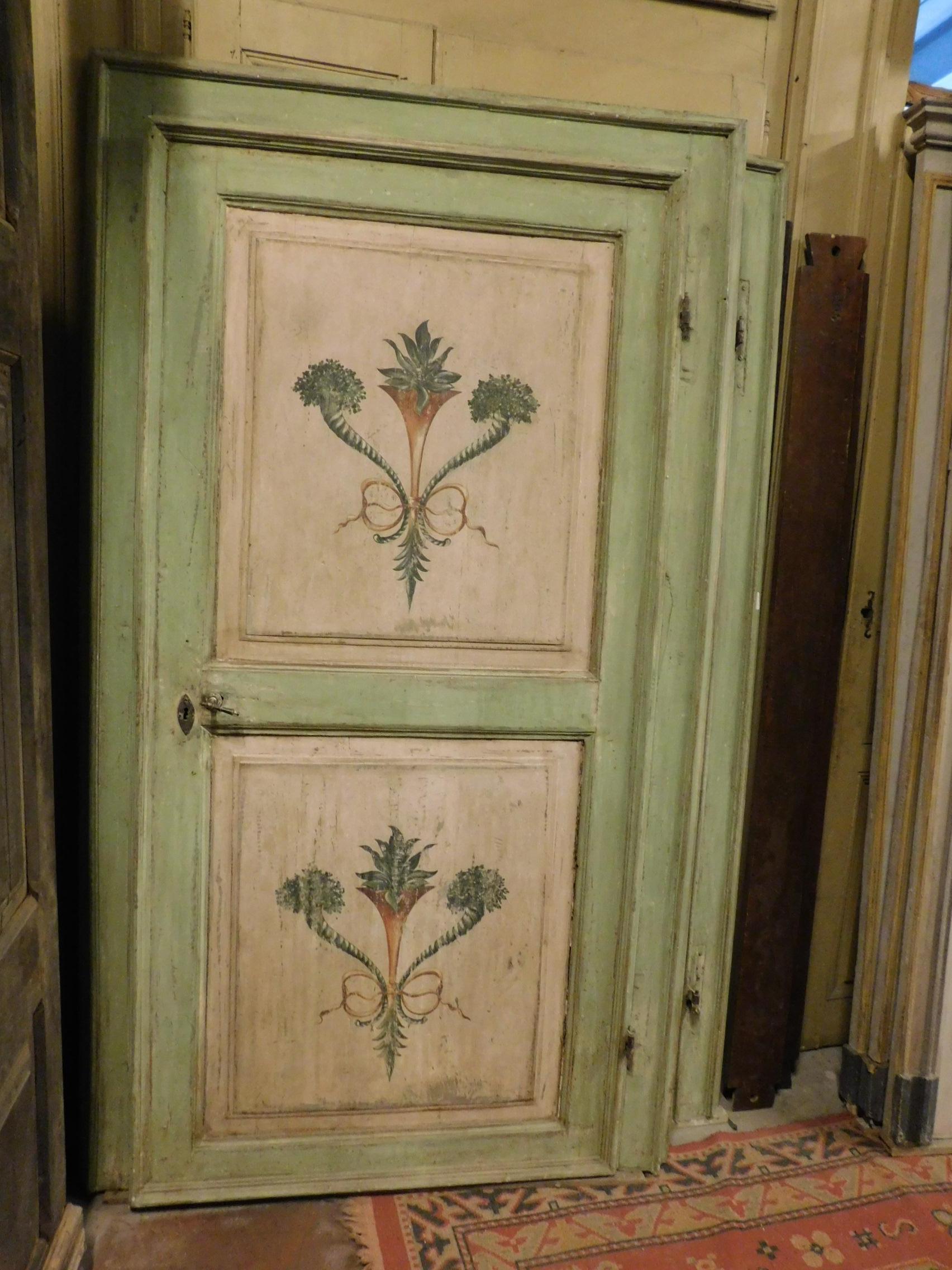 18th Century N.2 Antiques Doors Green and Pink with Frames, Hand-Painted, Italy For Sale 4