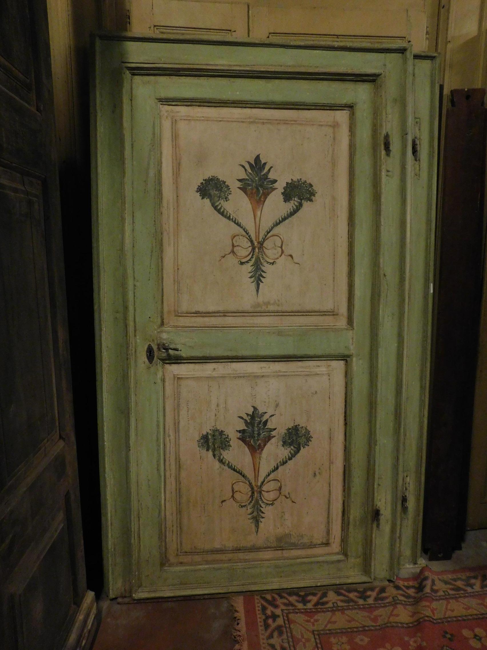 Italian 18th Century N.2 Antiques Doors Green and Pink with Frames, Hand-Painted, Italy For Sale