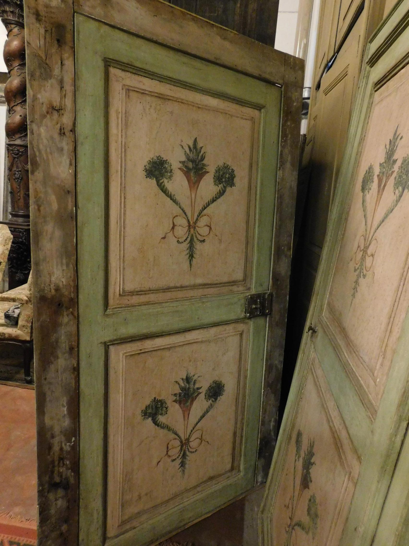 Wood 18th Century N.2 Antiques Doors Green and Pink with Frames, Hand-Painted, Italy For Sale