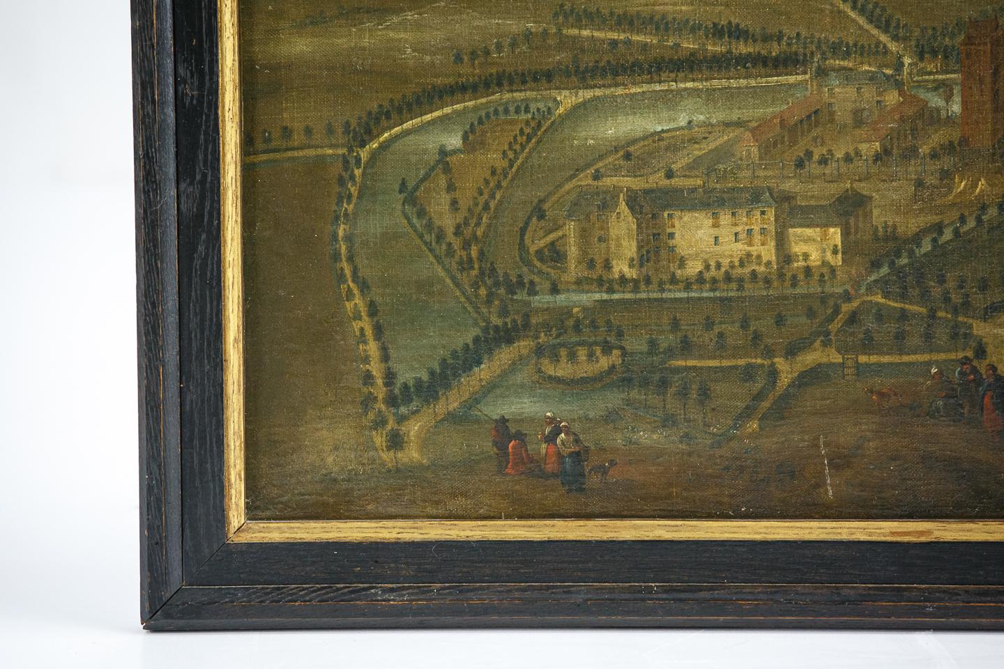 French 18th Century Naive Birds Eye Oil on Canvas of a Country House and Formal Gardens For Sale