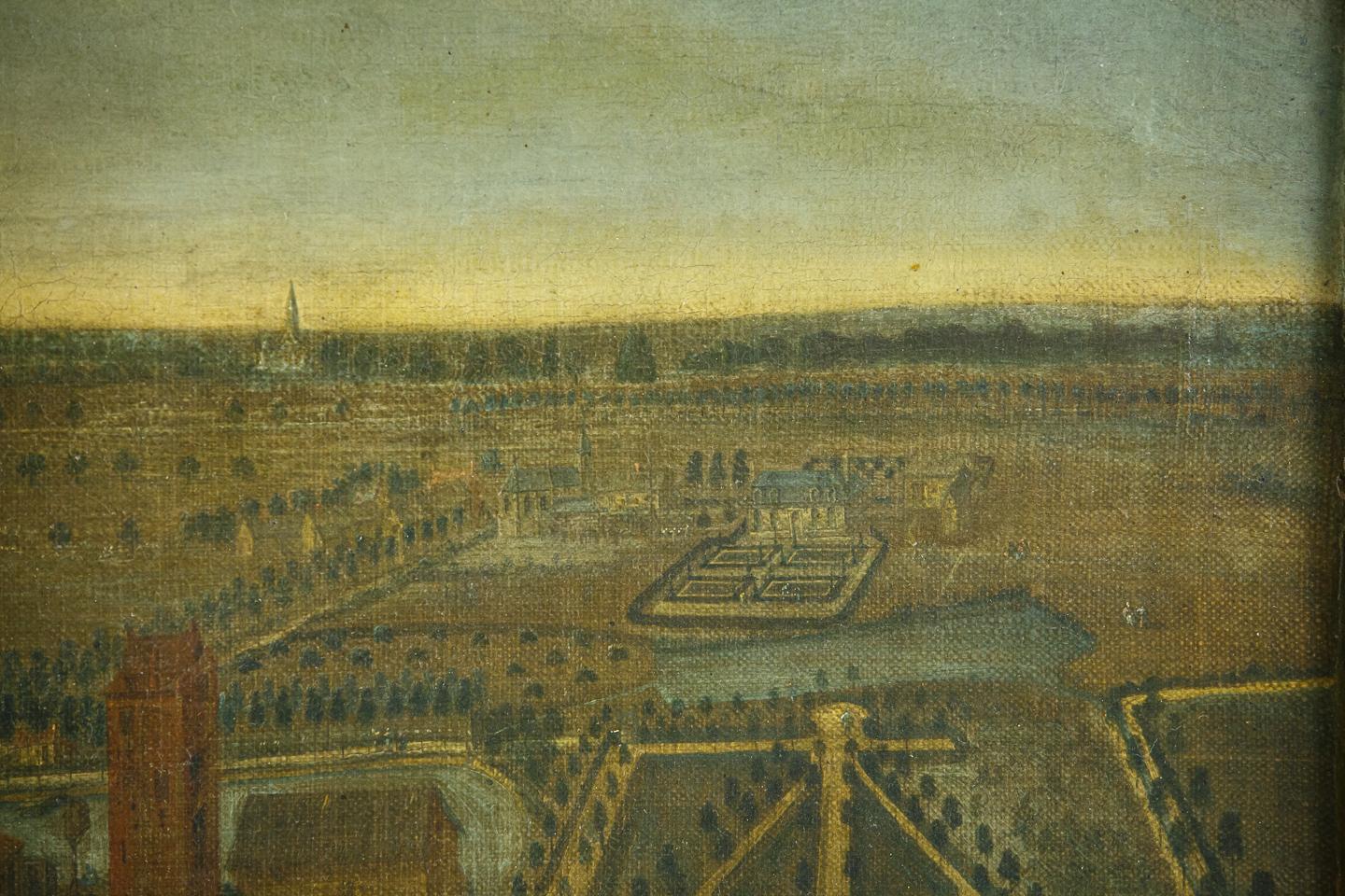 18th Century Naive Birds Eye Oil on Canvas of a Country House and Formal Gardens For Sale 2