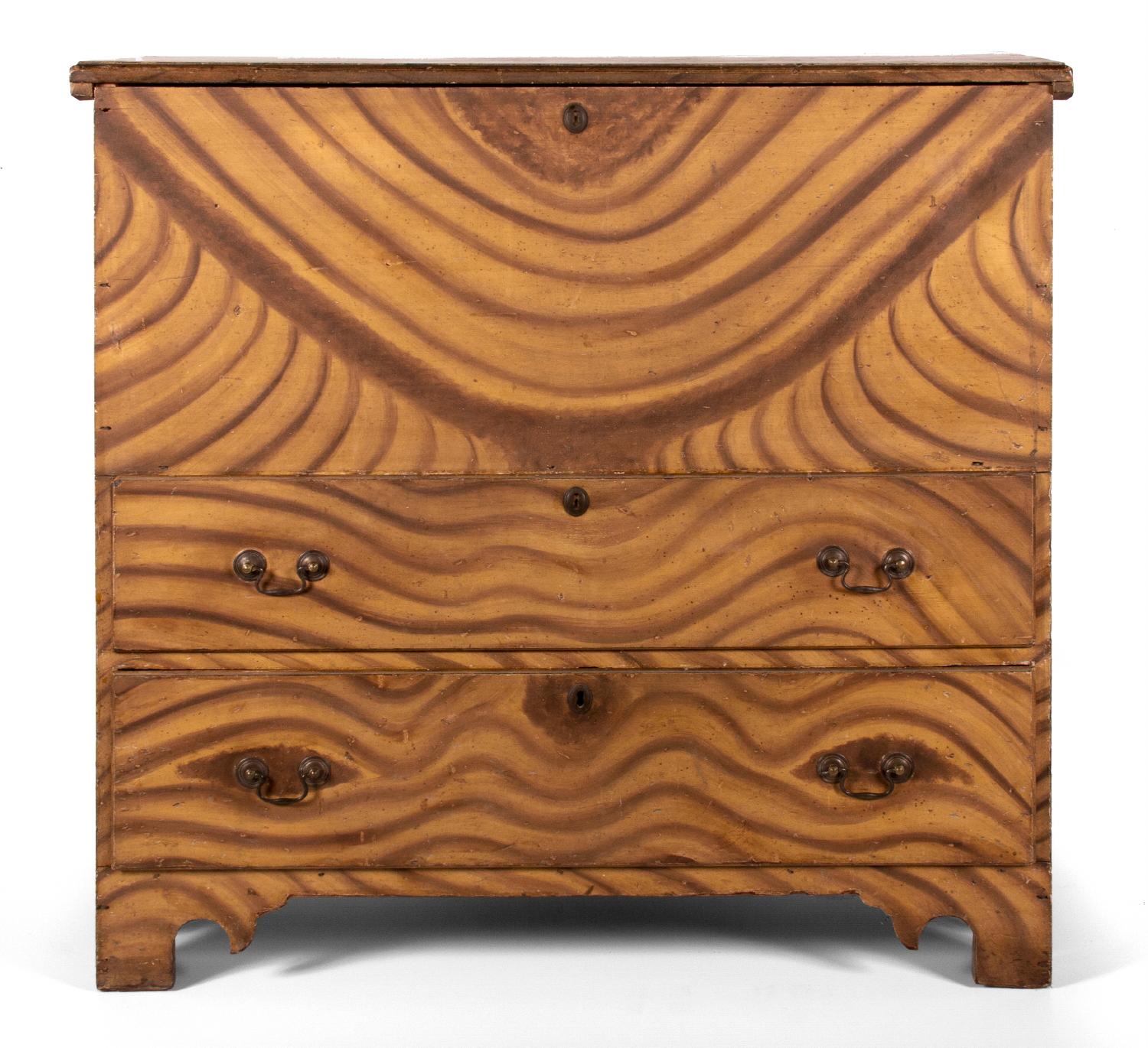 18th CENTURY, NANTUCKET-ORIGIN, STAND-UP BLANKET CHEST, EXUBERANTLY PAINT-DECORATED, OWNED BY THE COFFIN FAMILY AND NICKNAMED 