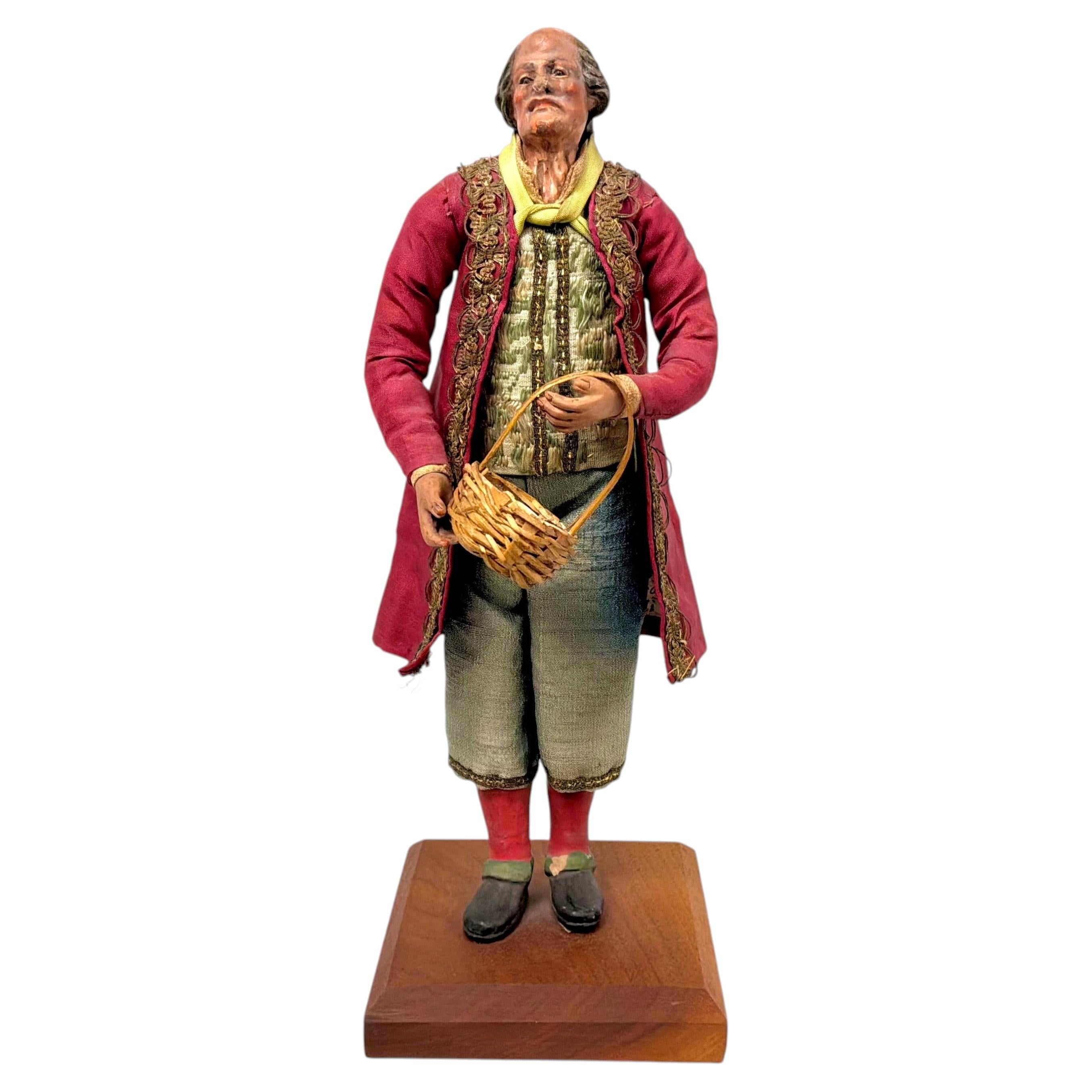 Figura da presepe napoletana del XVIII secolo, uomo anziano in terracotta e Wood