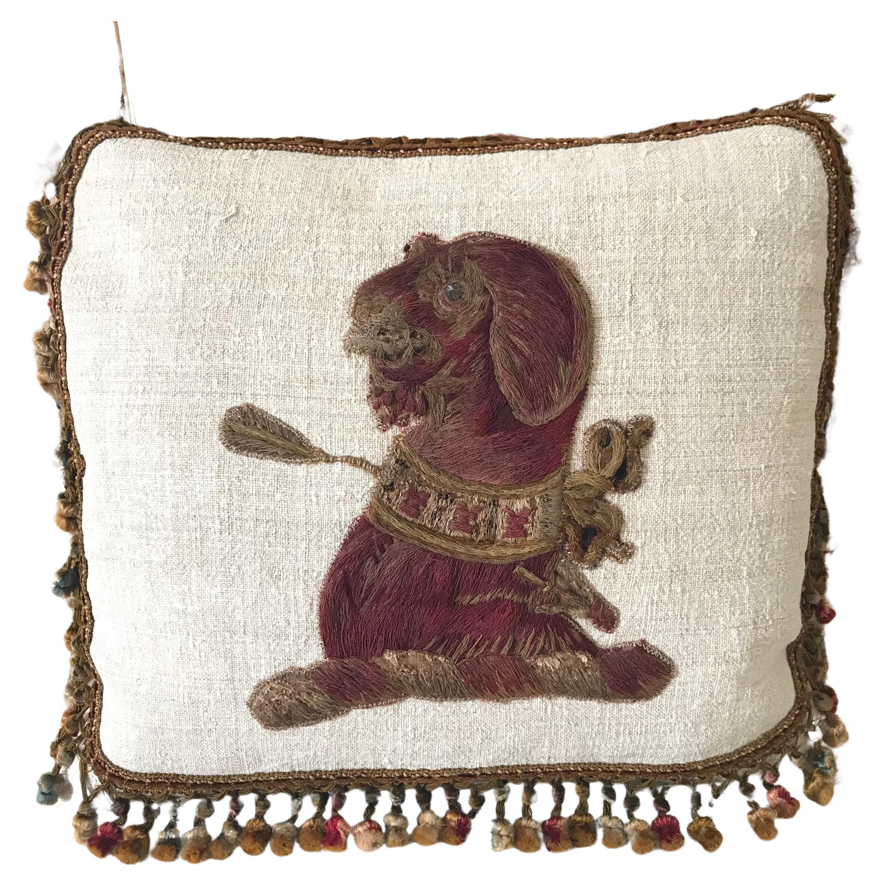 18th Century Needlework Dog Cushion For Sale