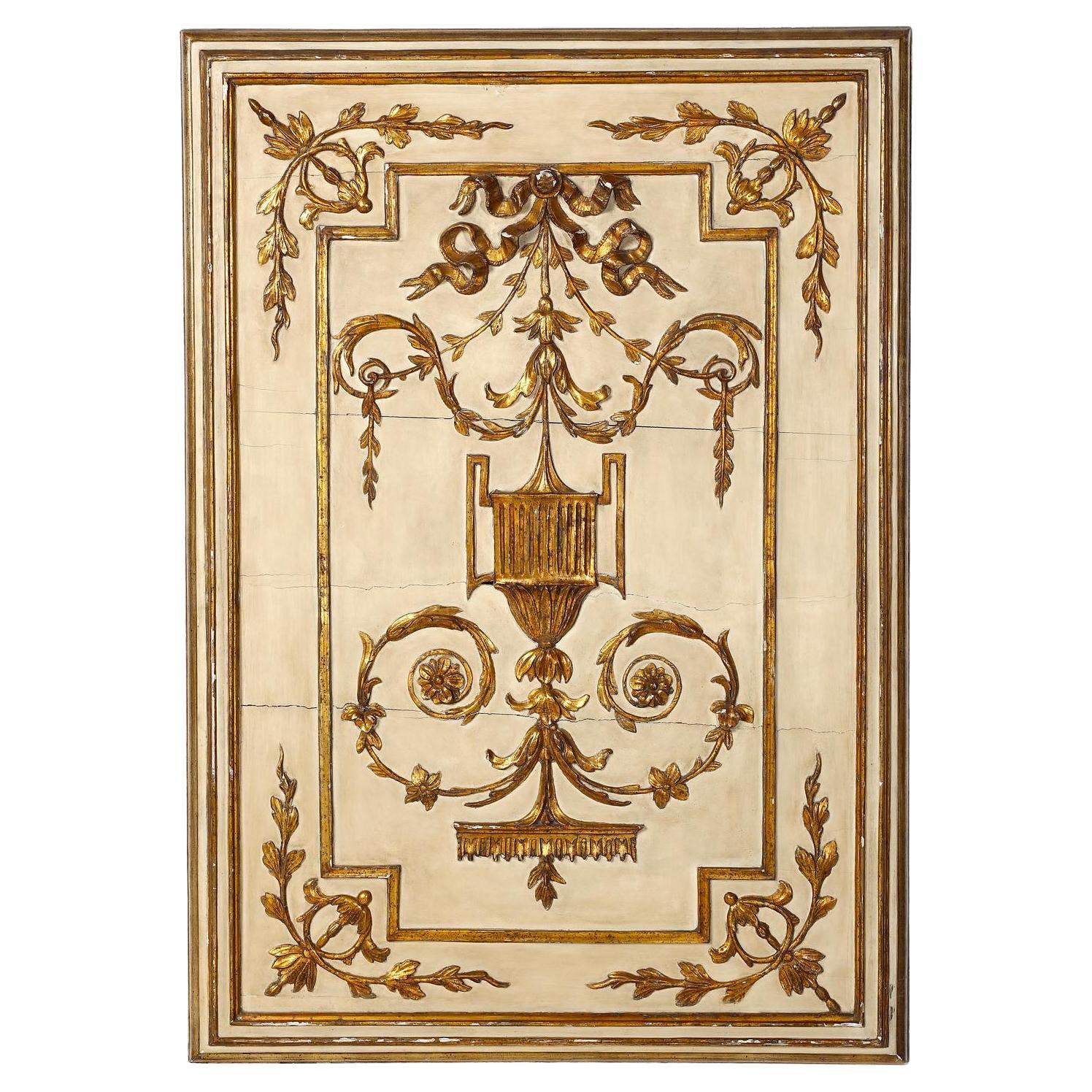 Neoklassizistische italienische geschnitzte, bemalte und vergoldete Wandtafel aus dem 18. Jahrhundert