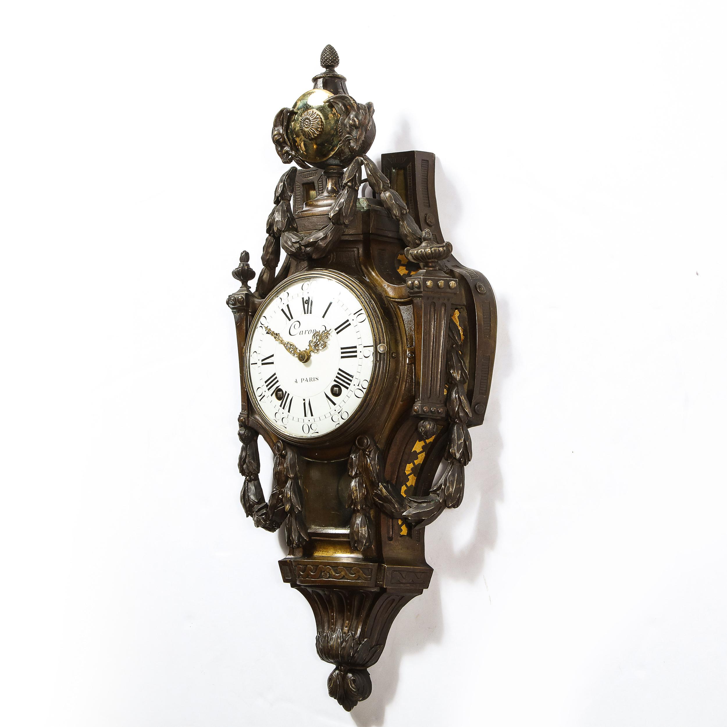 18th Century Neoclassical Bronze & Polished Brass Wall Clock w/ Chime by Caron 4