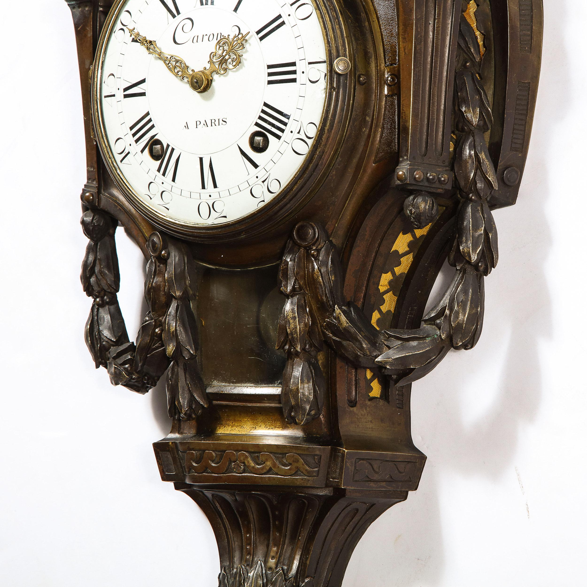 18th Century Neoclassical Bronze & Polished Brass Wall Clock w/ Chime by Caron 5