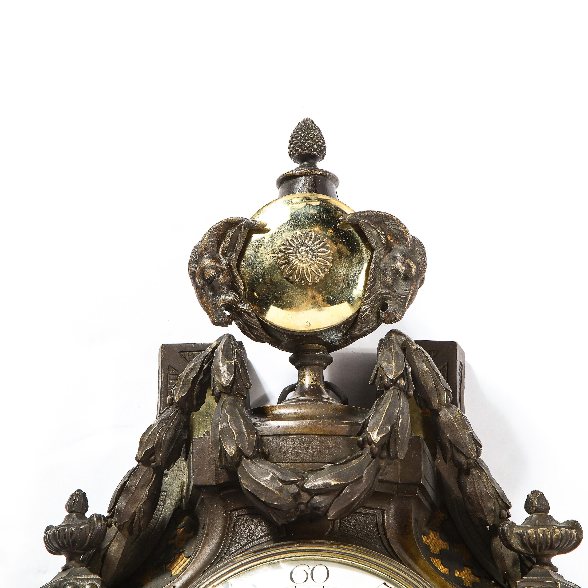 French 18th Century Neoclassical Bronze & Polished Brass Wall Clock w/ Chime by Caron
