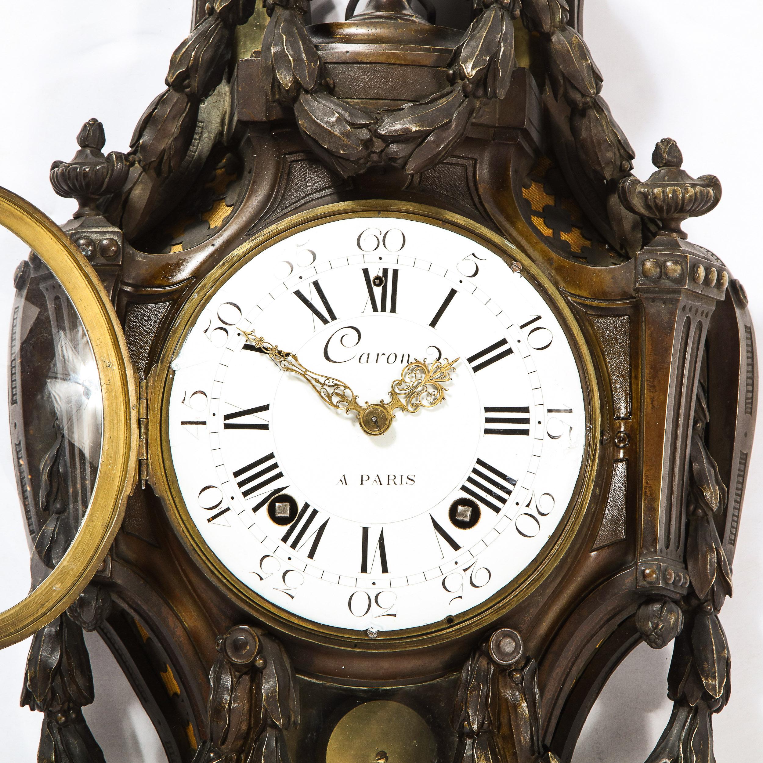 18th Century Neoclassical Bronze & Polished Brass Wall Clock w/ Chime by Caron In Good Condition In New York, NY