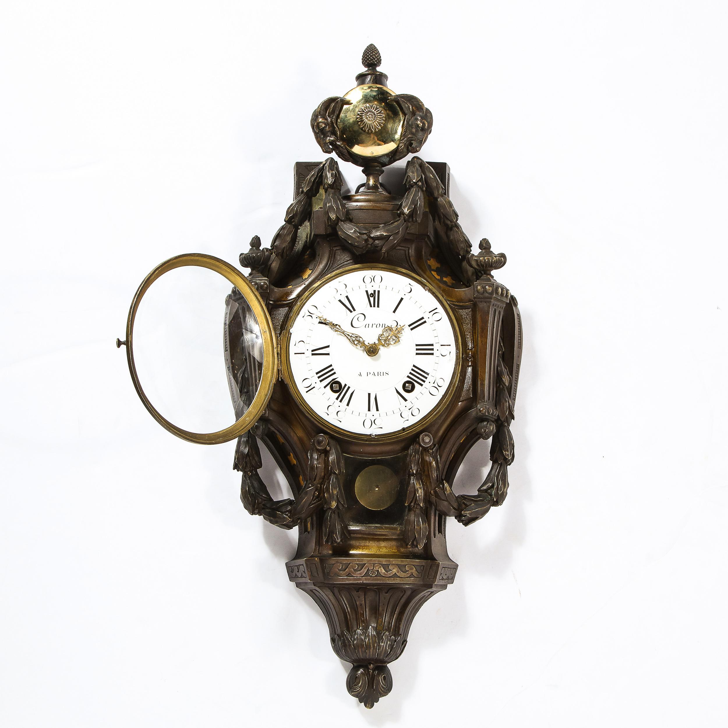 18th Century Neoclassical Bronze & Polished Brass Wall Clock w/ Chime by Caron 1