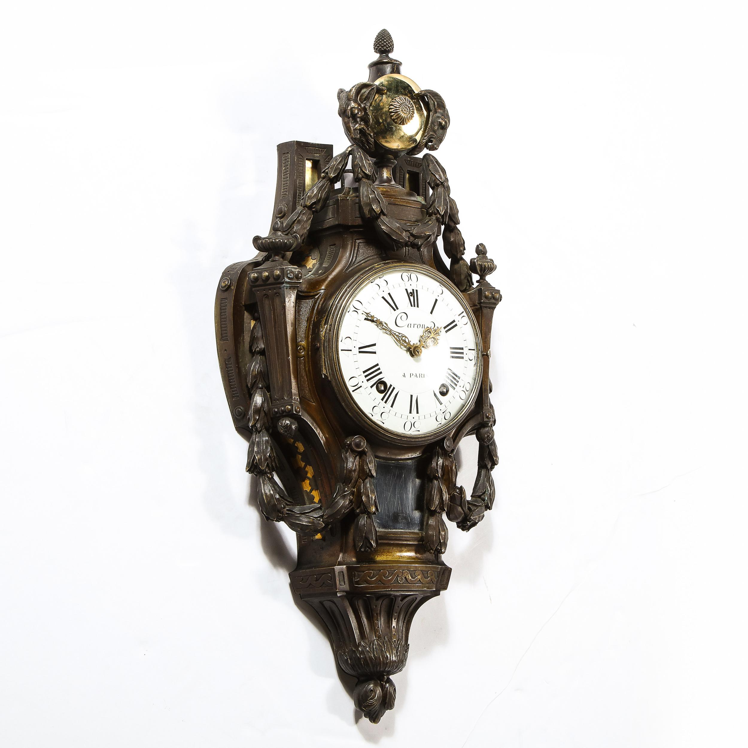 18th Century Neoclassical Bronze & Polished Brass Wall Clock w/ Chime by Caron 2