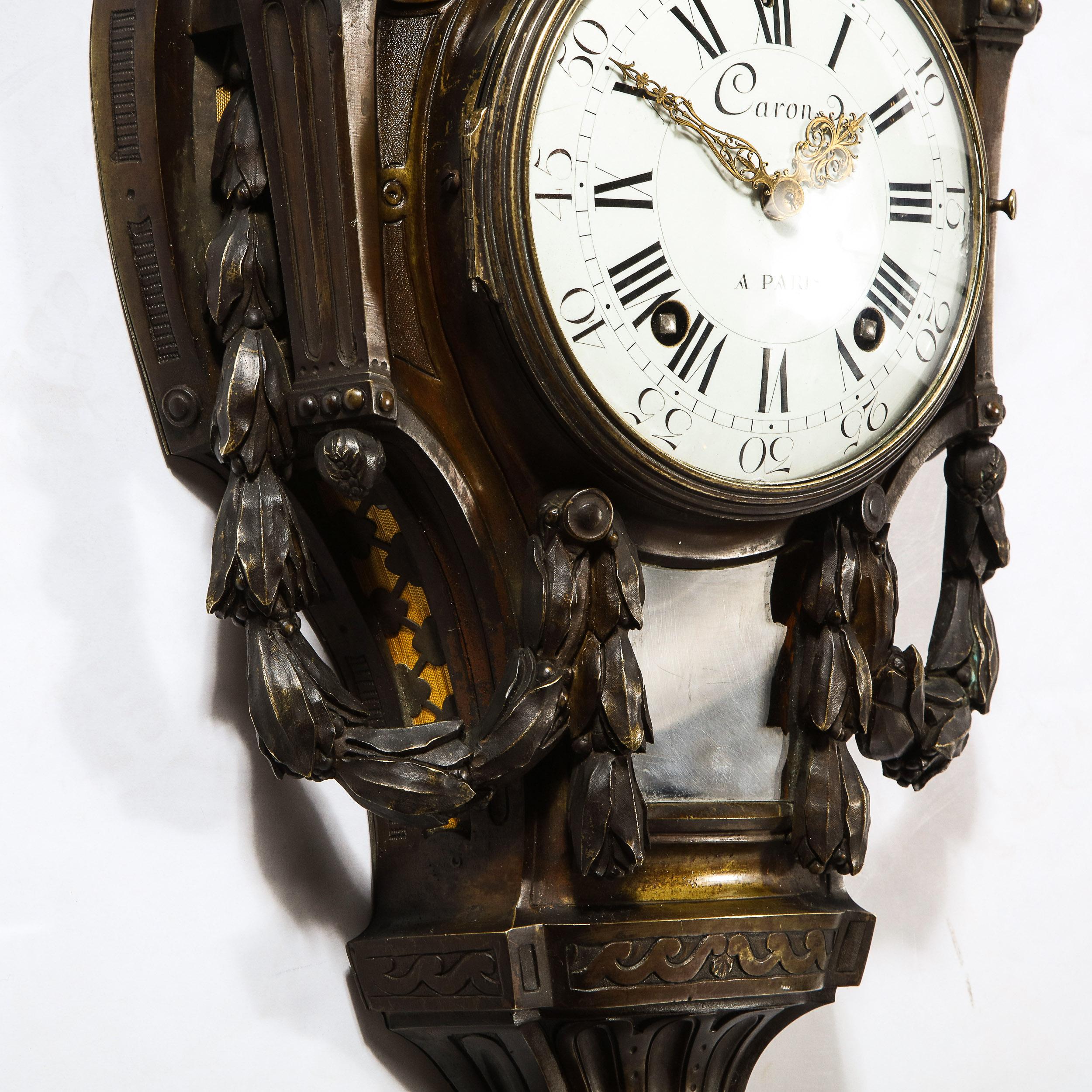 18th Century Neoclassical Bronze & Polished Brass Wall Clock w/ Chime by Caron 3