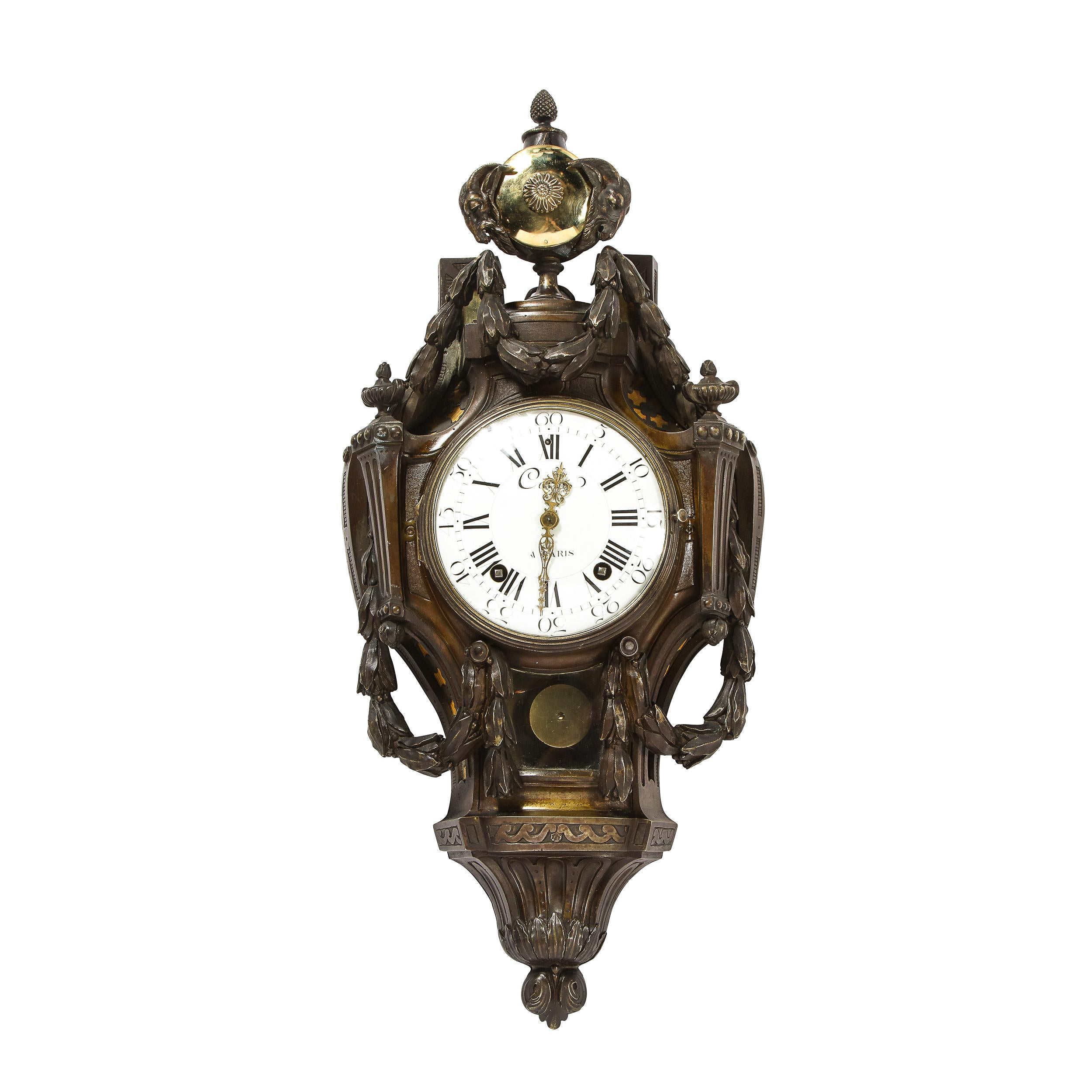 18th Century Neoclassical Bronze & Polished Brass Wall Clock w/ Chime by Caron