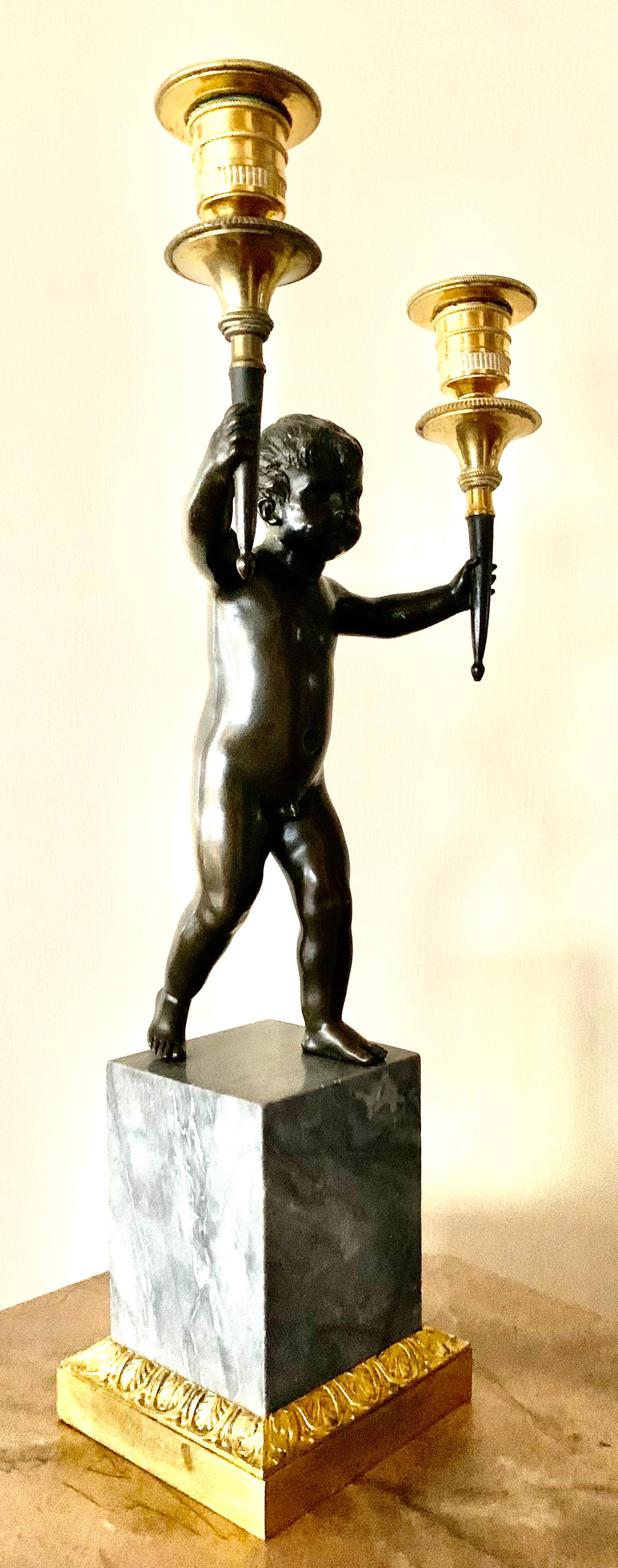 18th Century Neoclassical Dore and Patinated Bronze Two Light Putti Candelabra For Sale 1