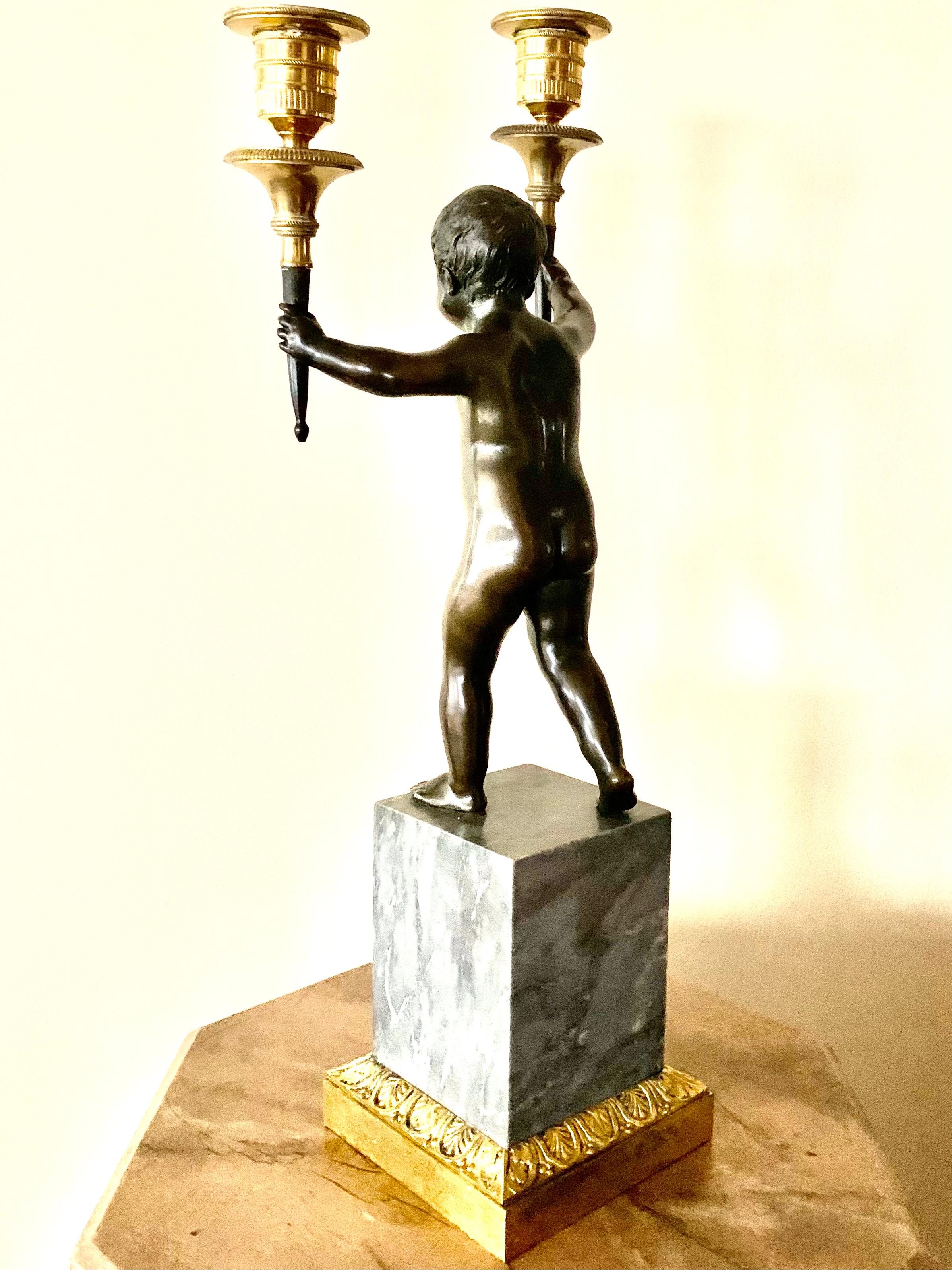 18th Century Neoclassical Dore and Patinated Bronze Two Light Putti Candelabra For Sale 3