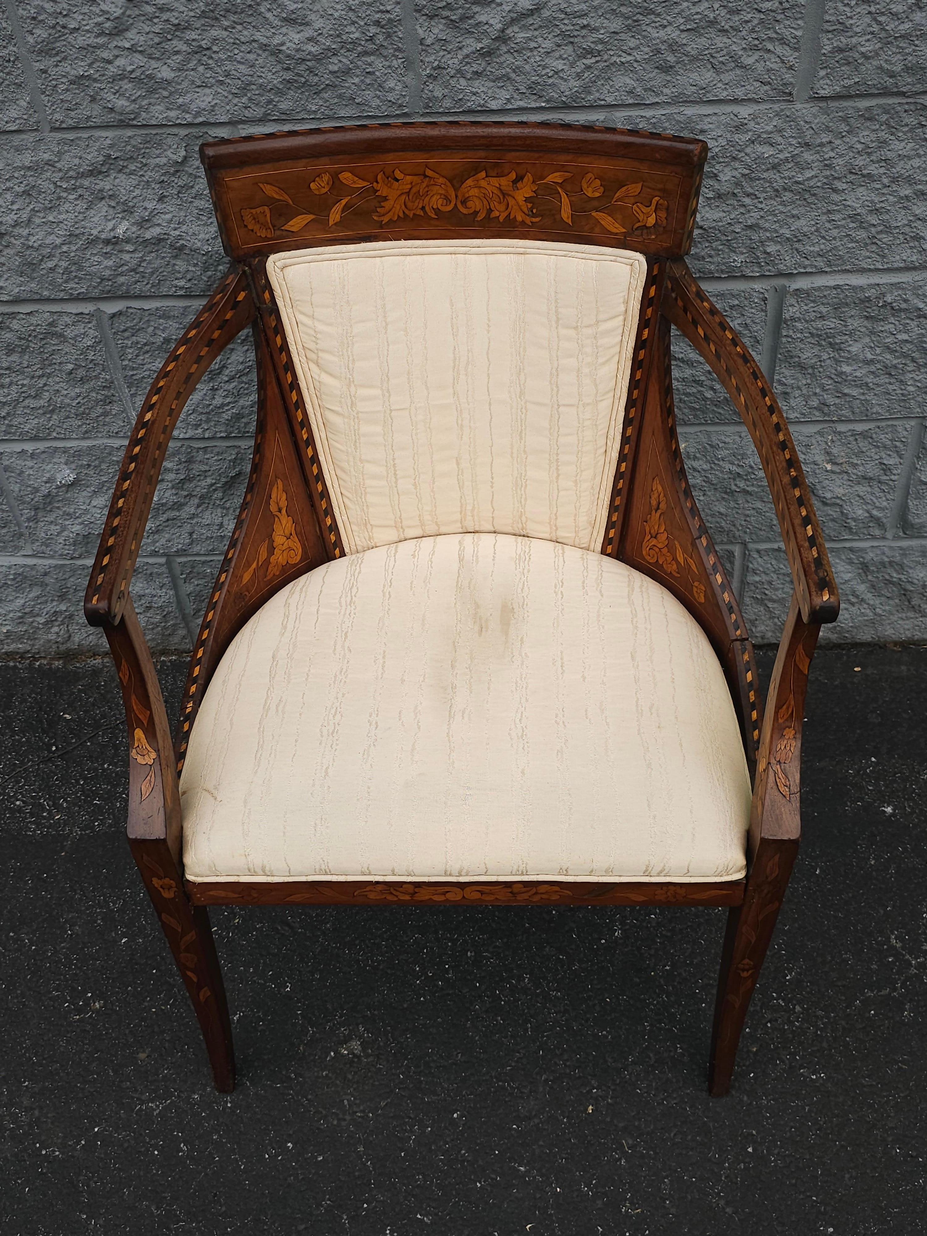 18th Century Neoclassical Dutch Marquetry And Upholstered Armchair In Good Condition For Sale In Germantown, MD