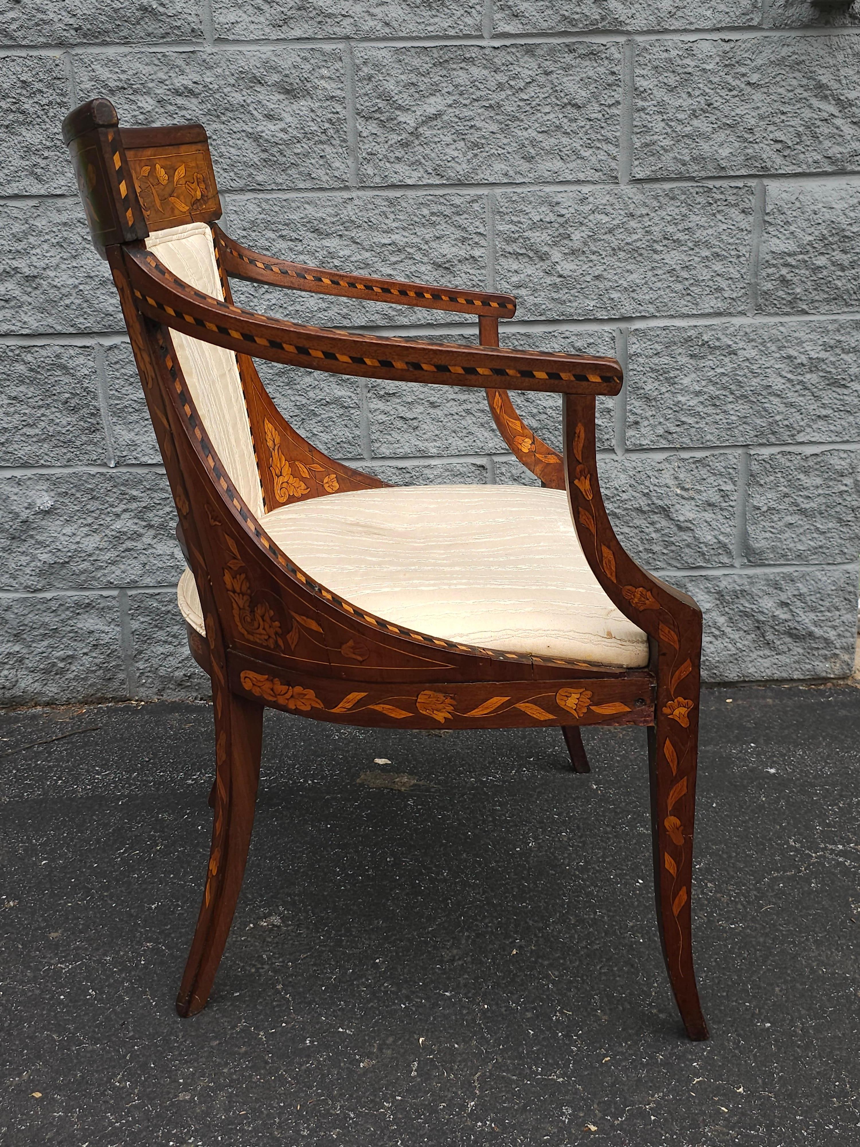 Kingwood 18th Century Neoclassical Dutch Marquetry And Upholstered Armchair For Sale