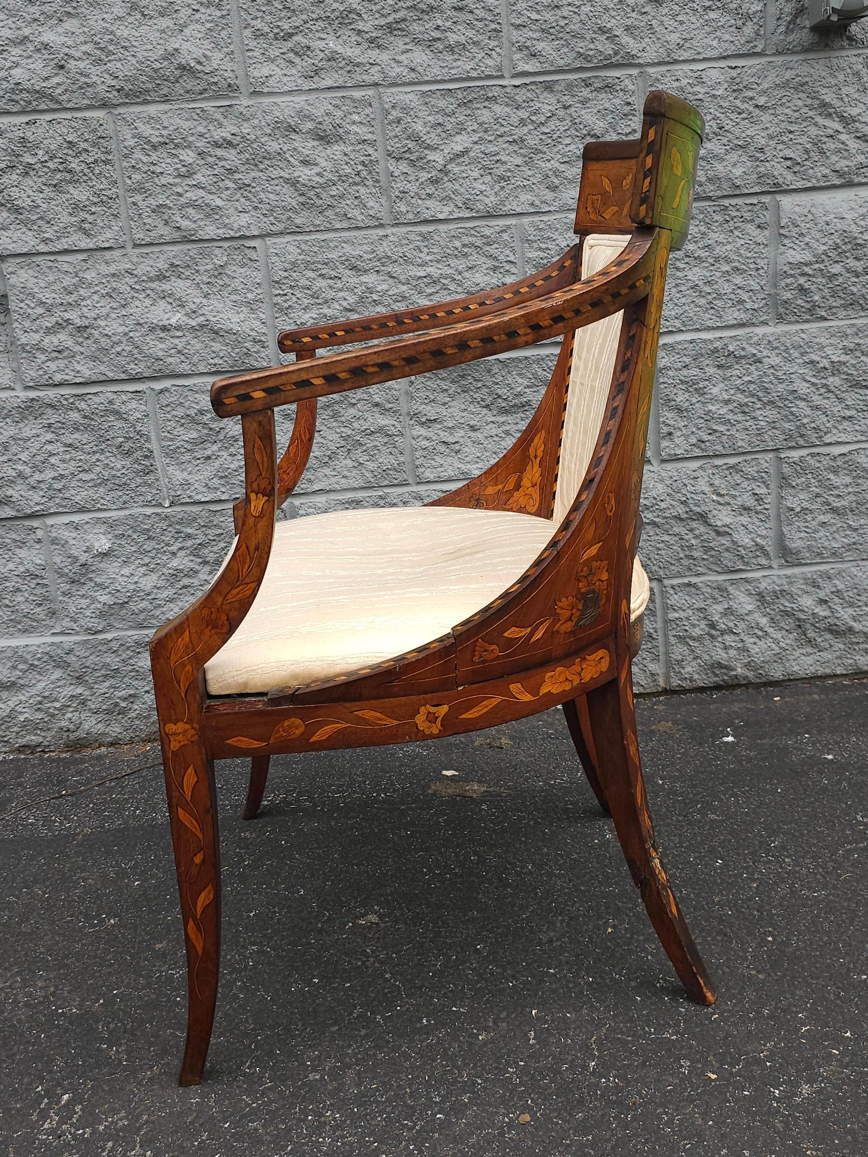 18th Century Neoclassical Dutch Marquetry And Upholstered Armchair For Sale 1