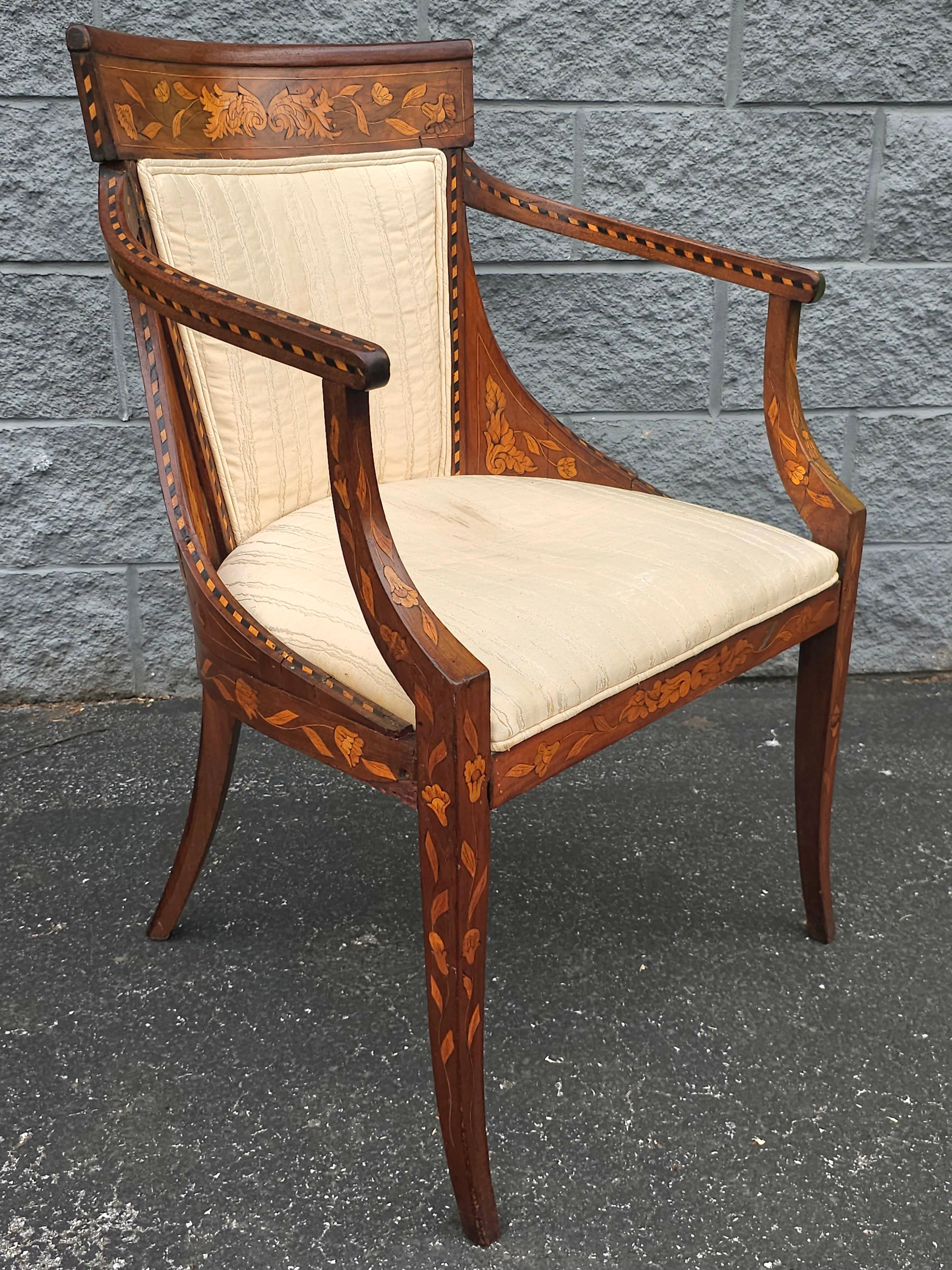 18th Century Neoclassical Dutch Marquetry And Upholstered Armchair For Sale 3