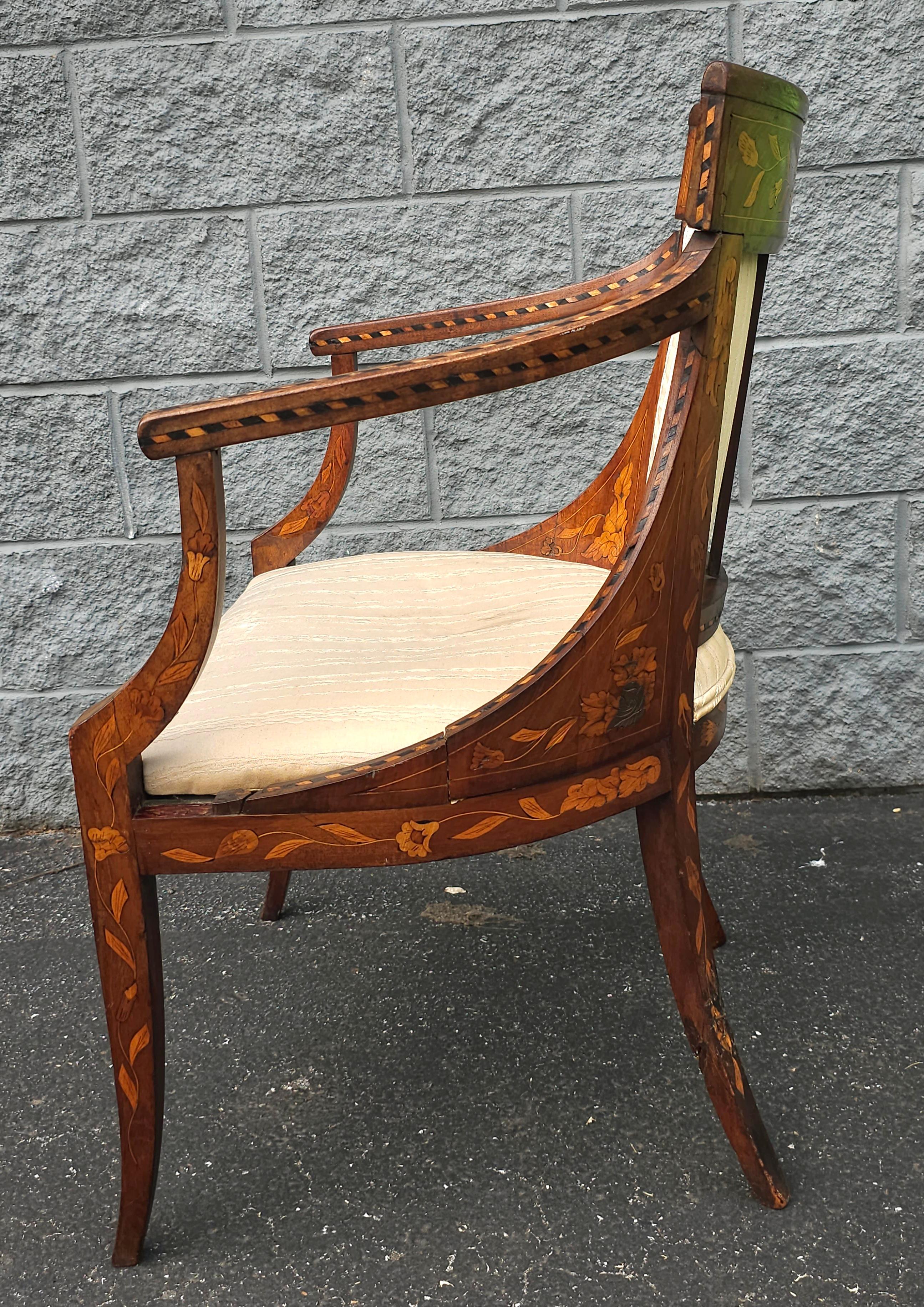18th Century Neoclassical Dutch Marquetry And Upholstered Armchair For Sale 4