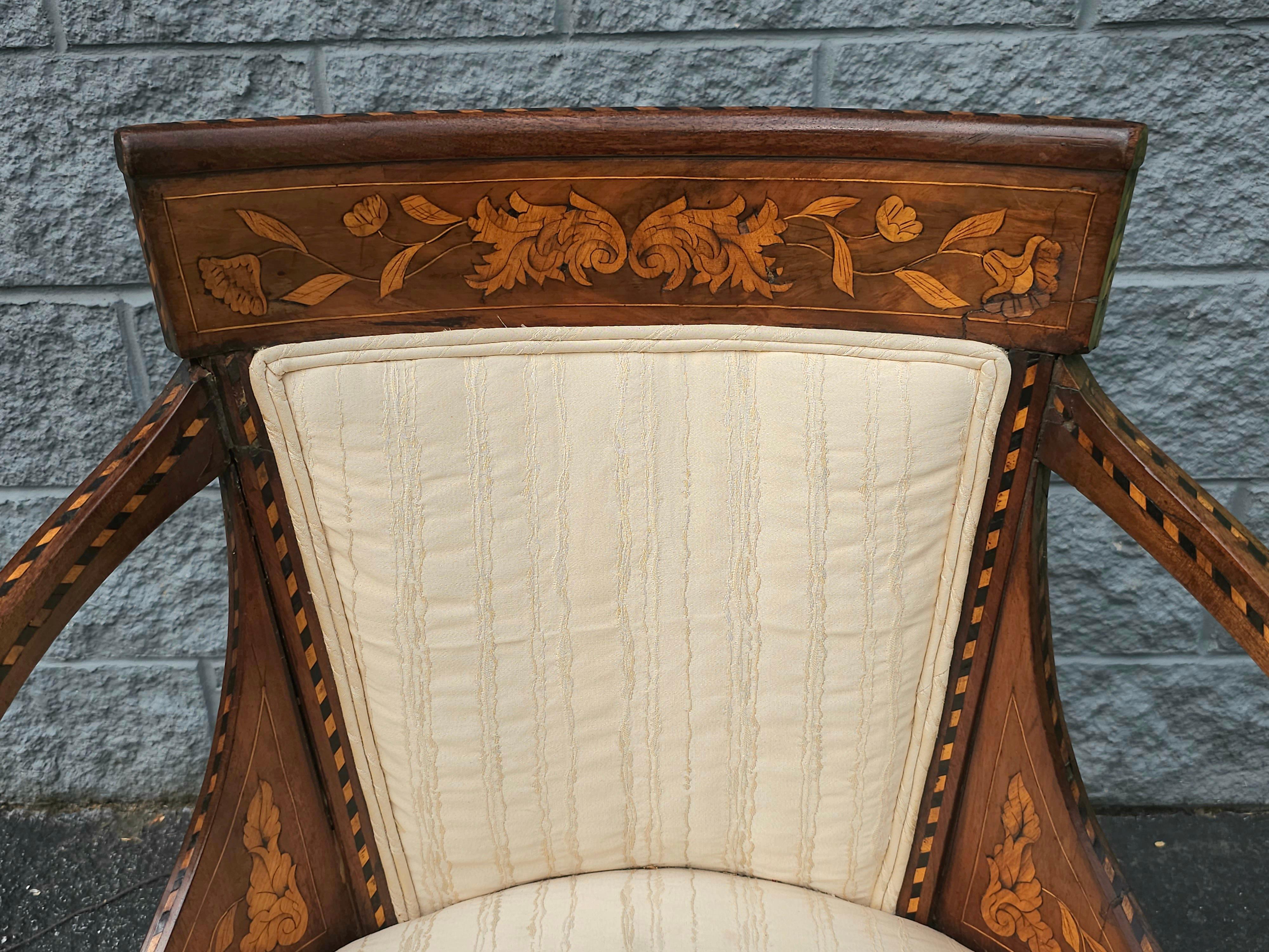 18th Century Neoclassical Dutch Marquetry And Upholstered Armchair For Sale 5