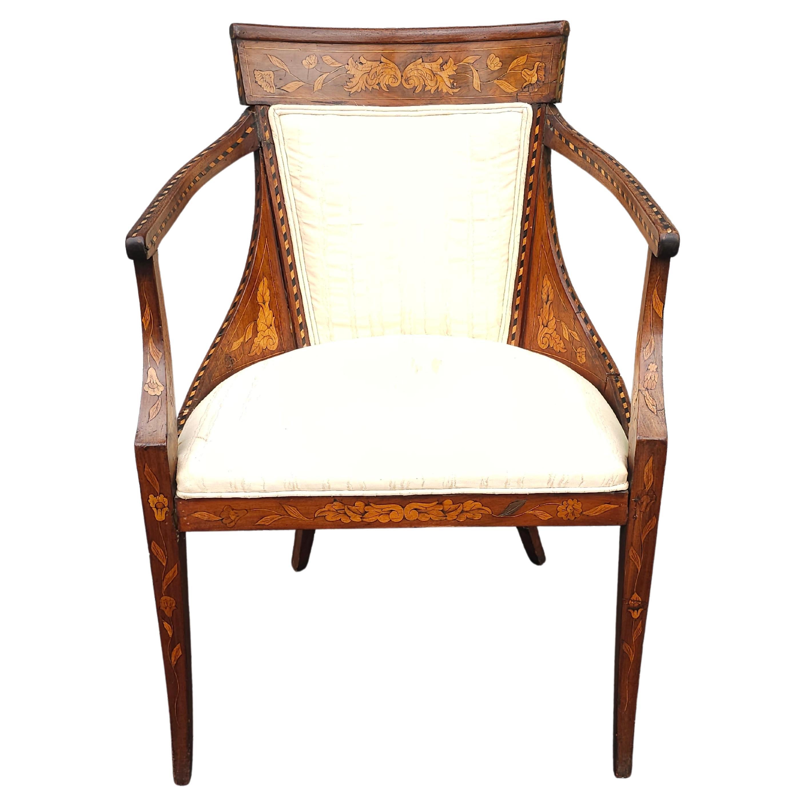 18th Century Neoclassical Dutch Marquetry And Upholstered Armchair For Sale