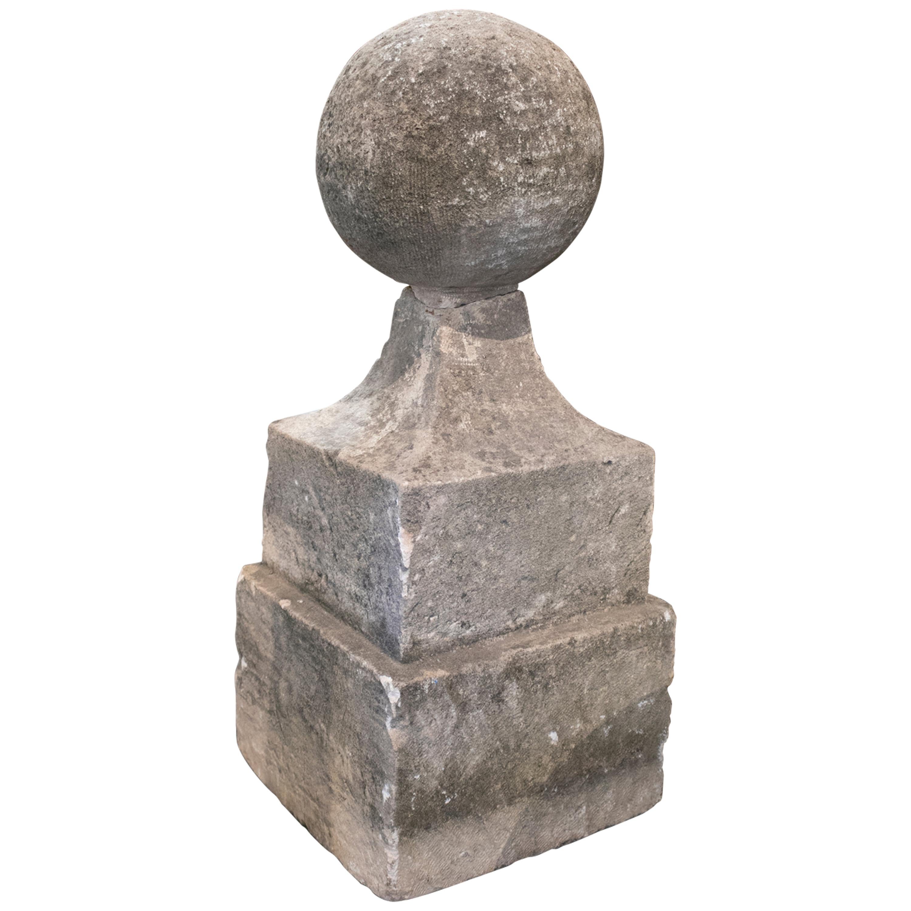 18th Century Neoclassical Hand Carved Stone Finial with Square Base and Ball