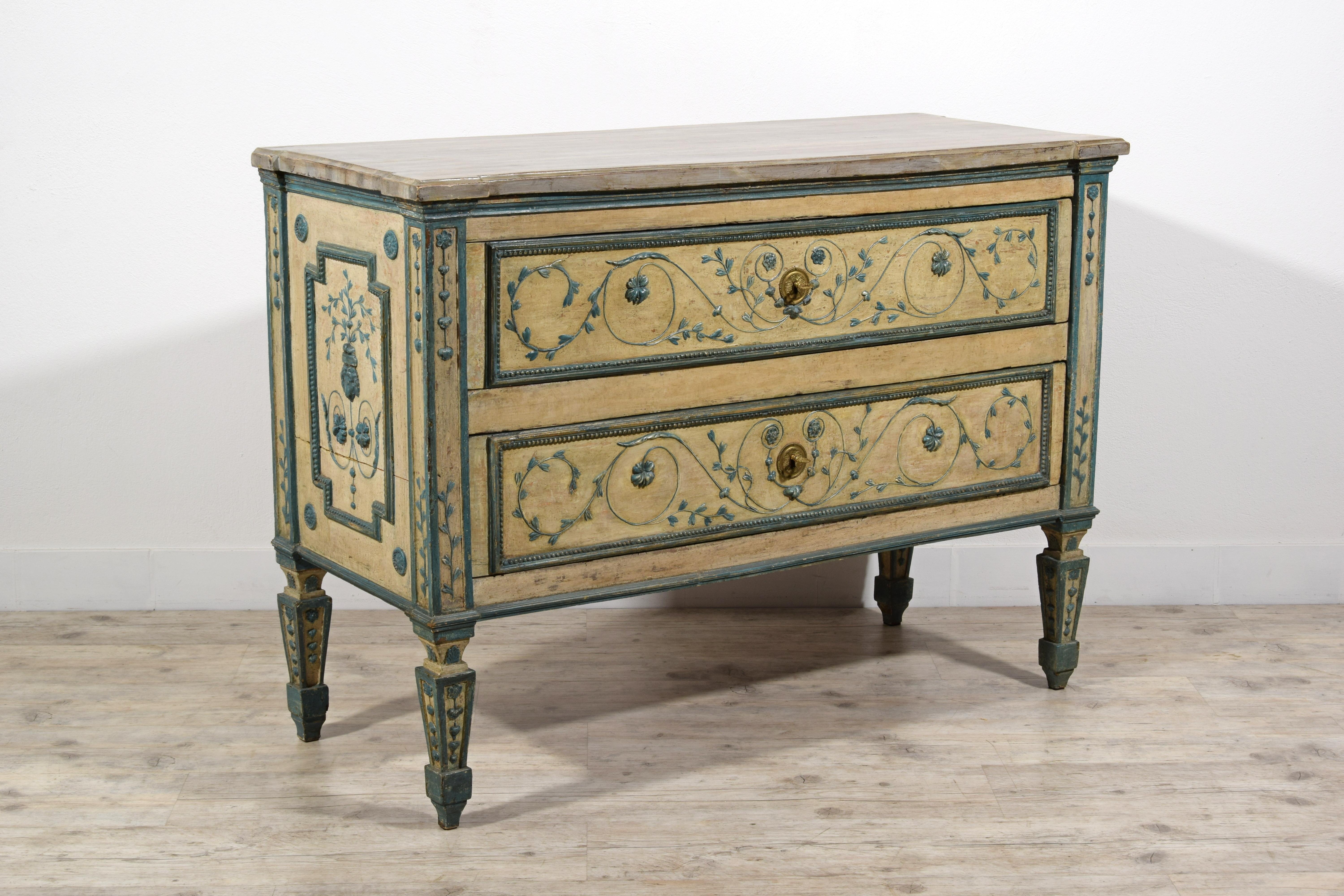 18th Century 18th century, Neoclassical Lacquered Wood Chest of Drawers and Marble Fireplace