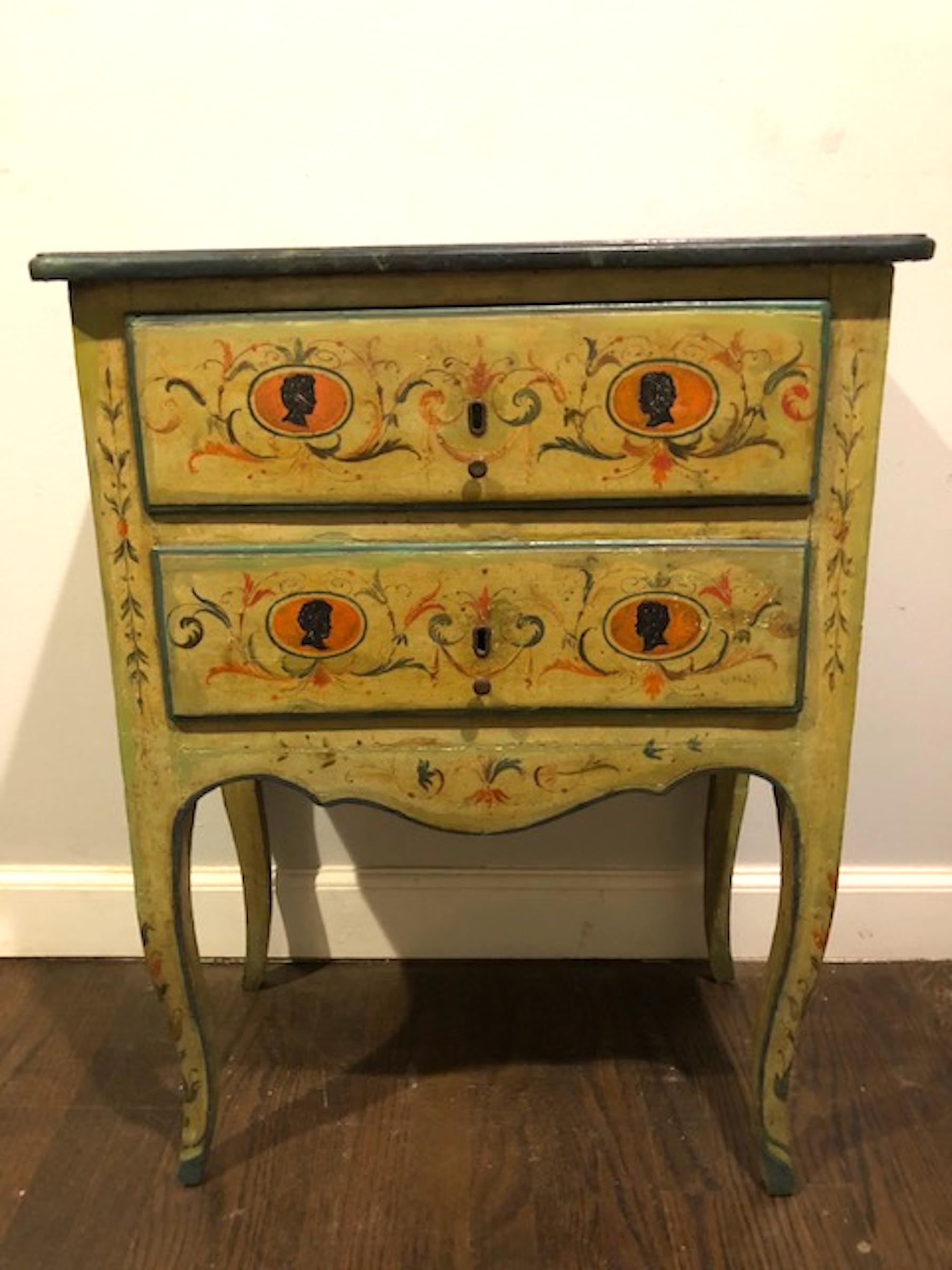 18th century neoclassical painted Italian commode, with marbleized top, fitted with two drawers with various portrait medallions. Beautiful antique patina, shows the age, structurally sound.