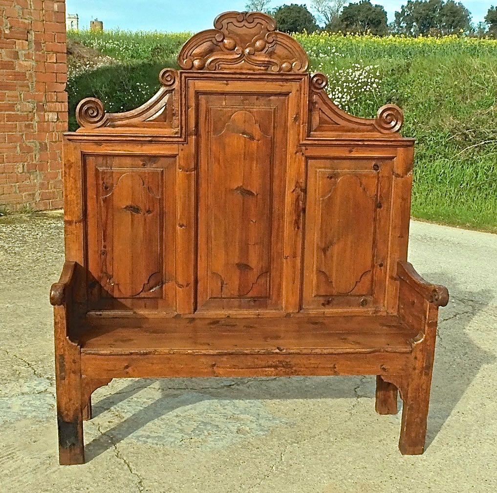 18th Century Neoclassical Spanish High Back Bench, Honey Pine In Good Condition In Santa Fe, NM