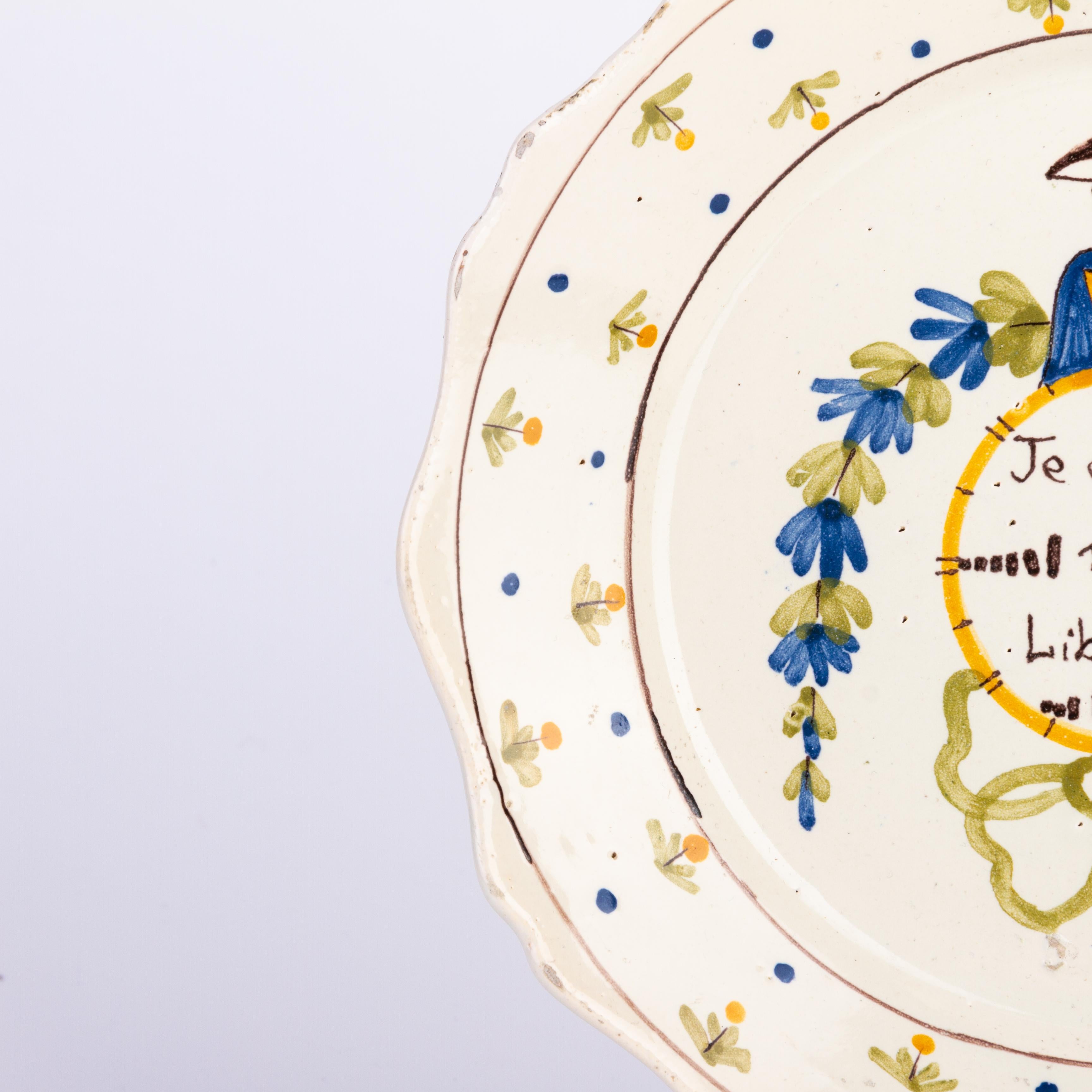 Polychromed 18th Century Nevers French Revolution Polychrome Tin-Glazed Faience Plate  For Sale