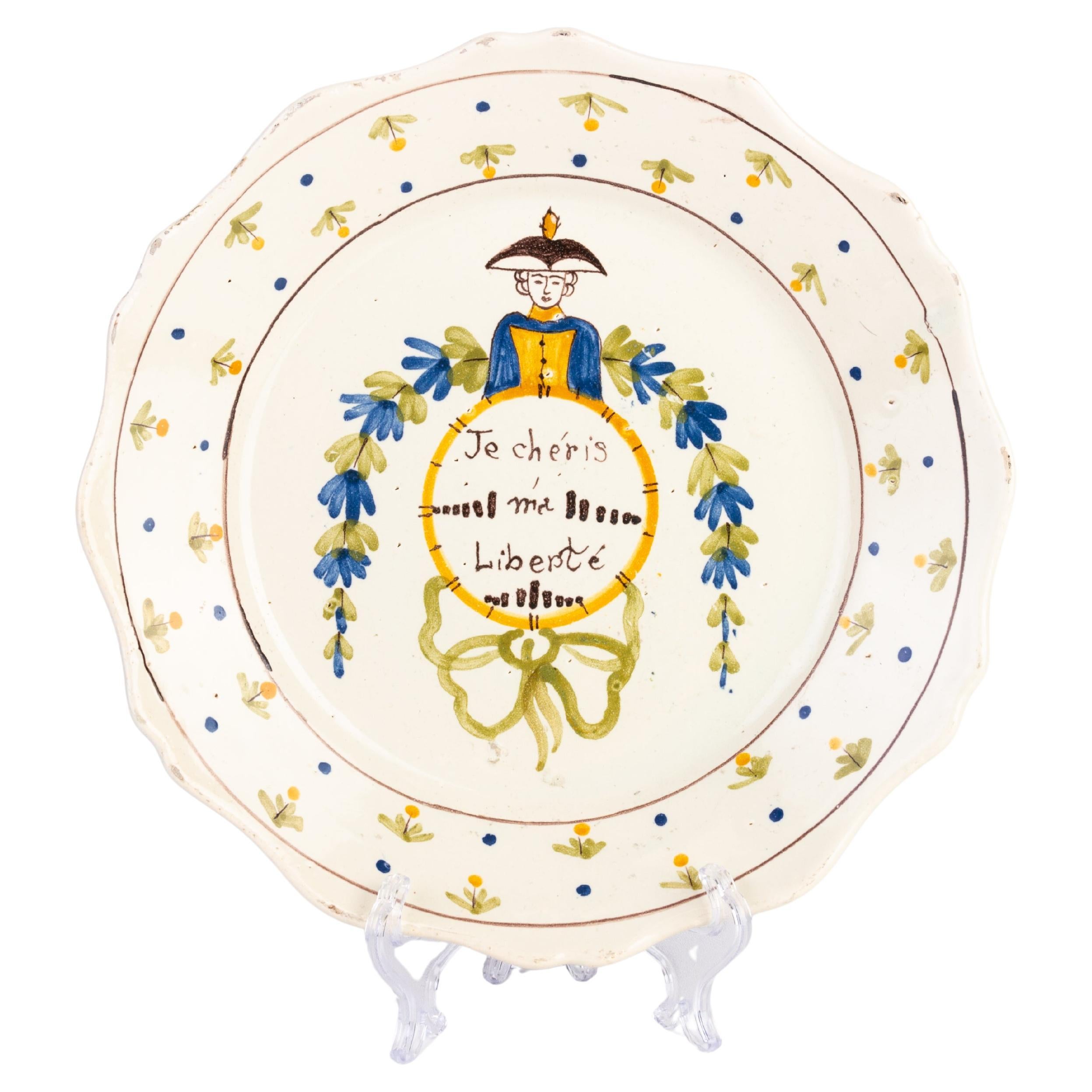 18th Century Nevers French Revolution Polychrome Tin-Glazed Faience Plate  For Sale