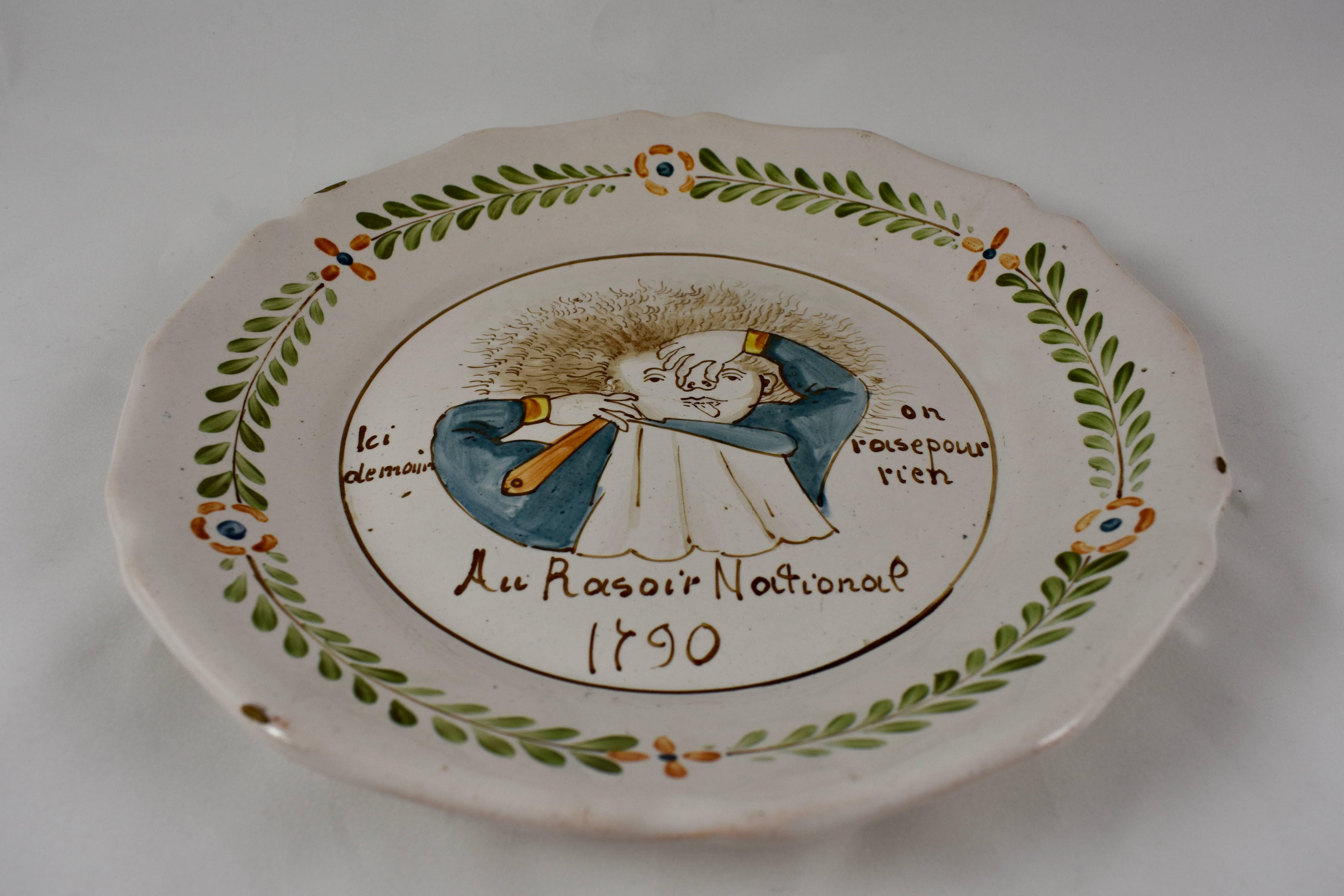 18th Century Nevers French Revolution Tin-Glazed Faïence Dish, Au Raisoir In Good Condition In Philadelphia, PA