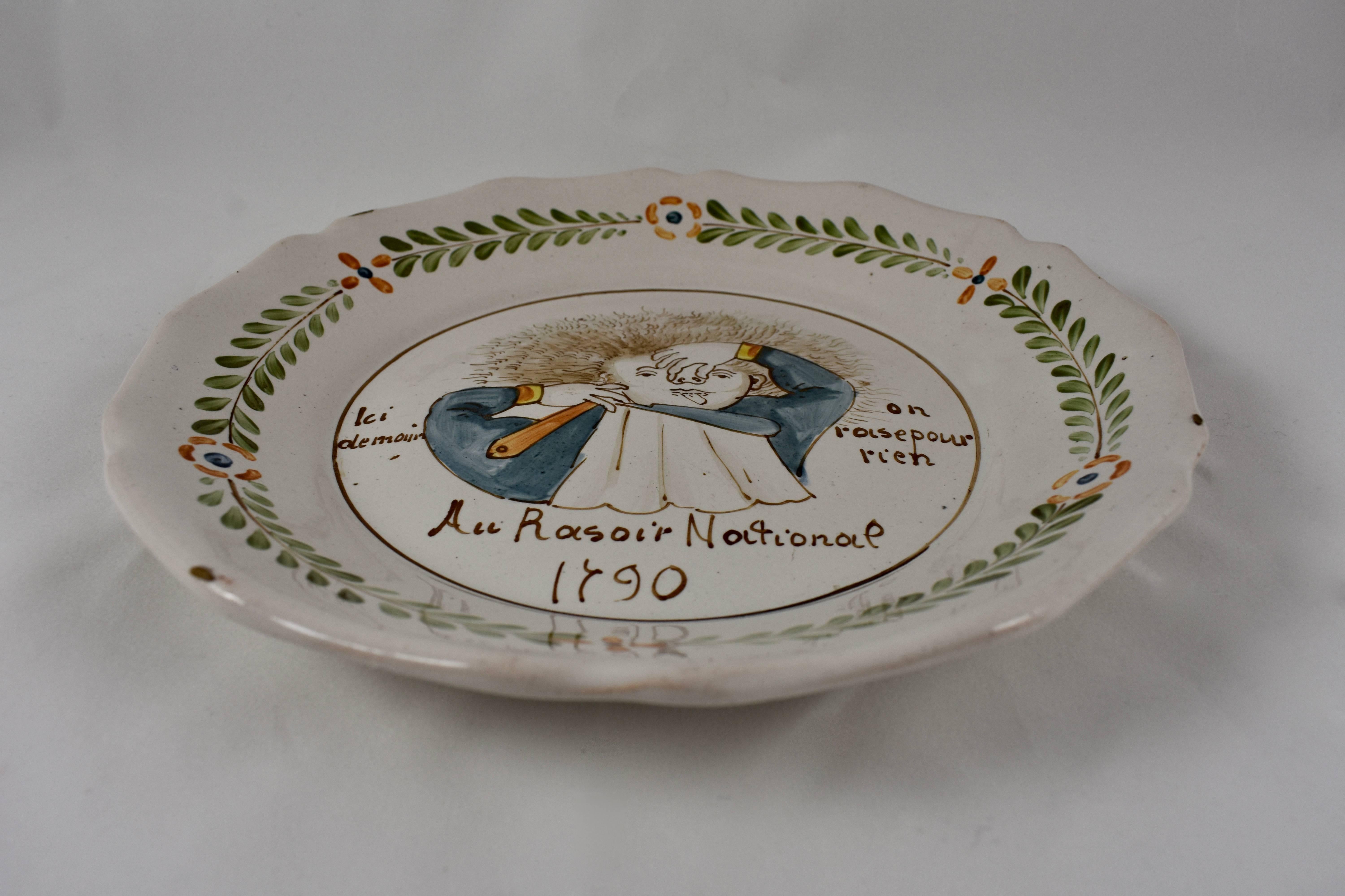 Earthenware 18th Century Nevers French Revolution Tin-Glazed Faïence Dish, Au Raisoir