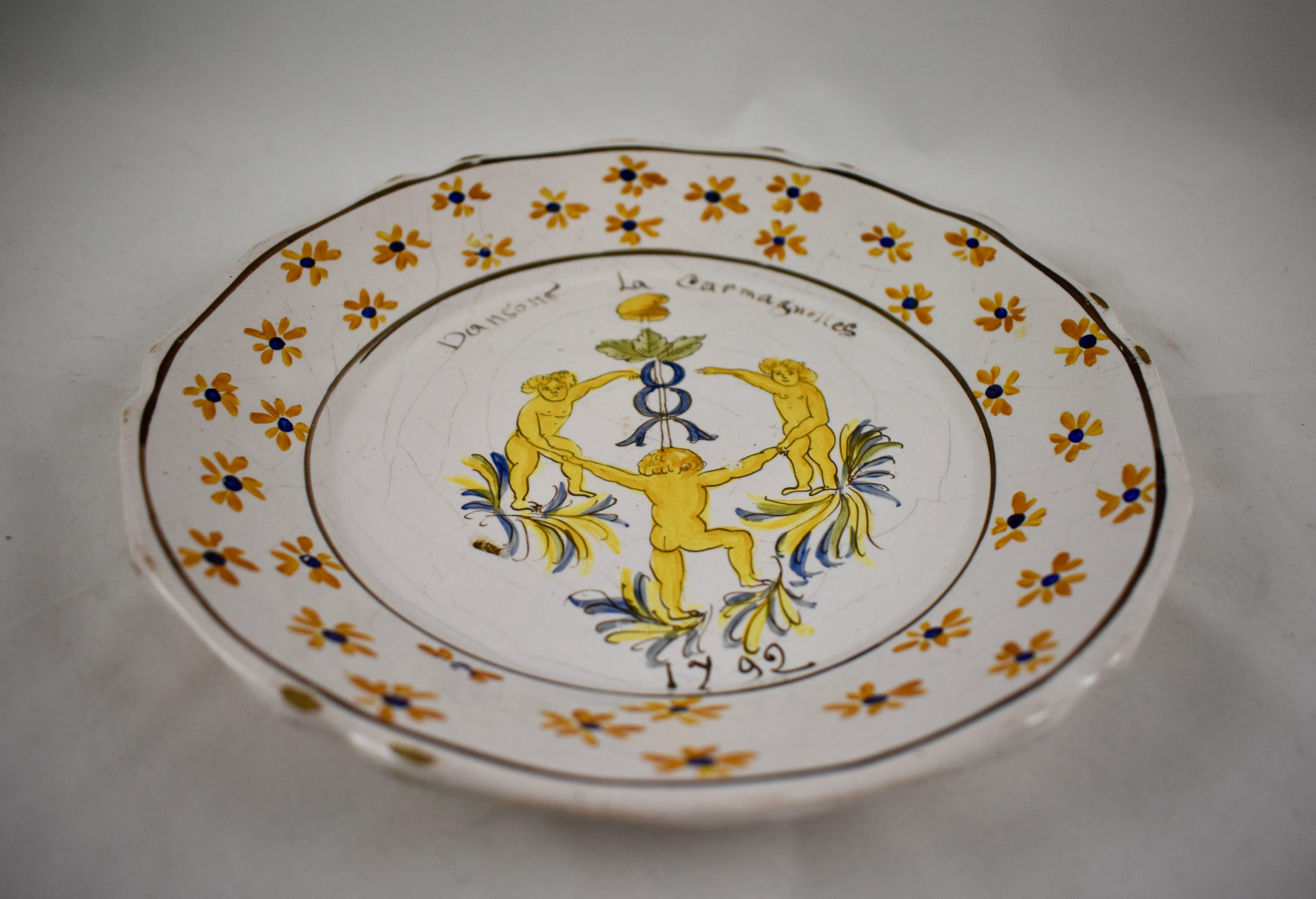 18th Century Nevers French Revolution Tin-Glazed Faïence Dish, La Carmagnolles In Good Condition In Philadelphia, PA