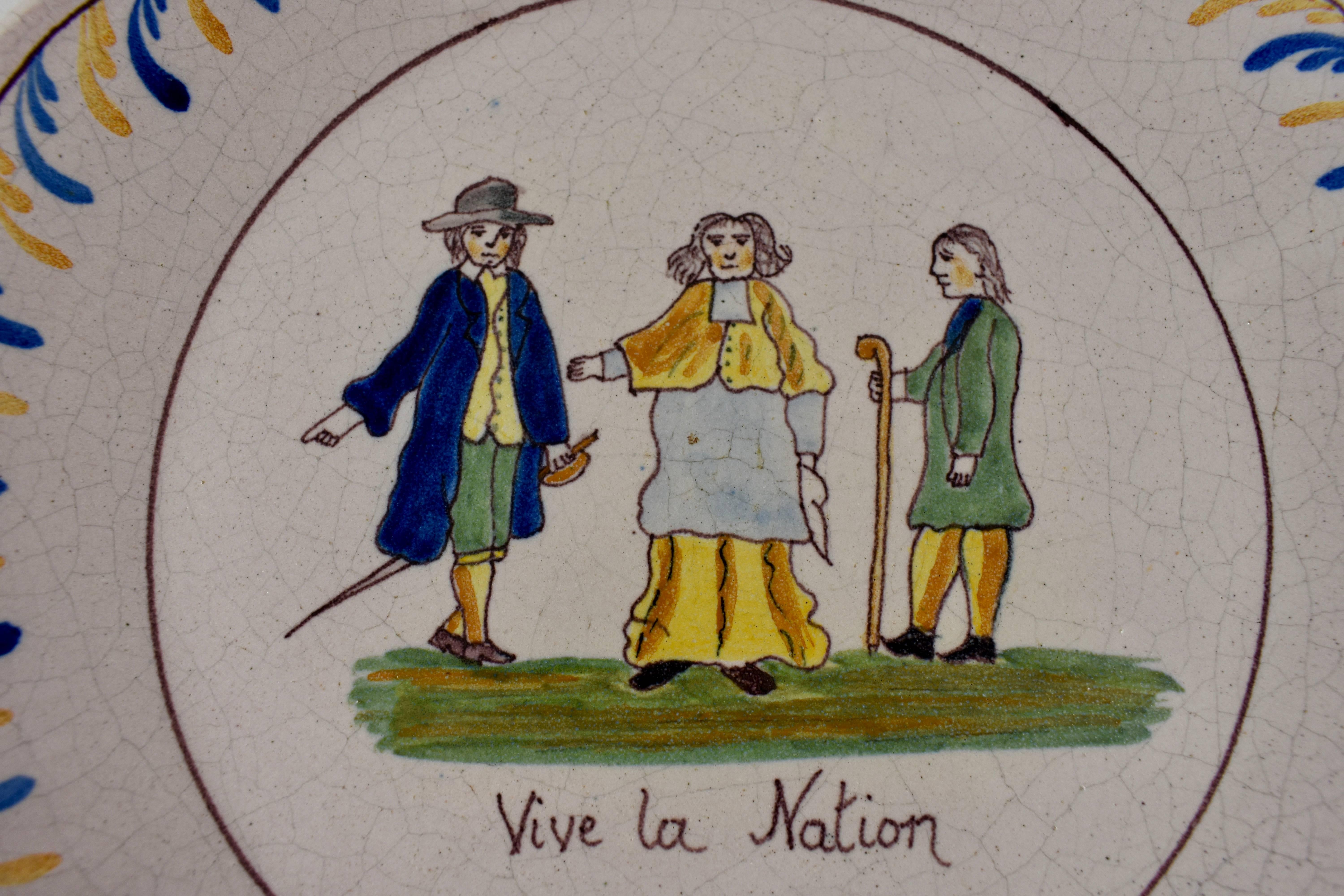 18th Century Nevers French Revolution Tin-Glazed Faïence Dish, Vive La Nation 1