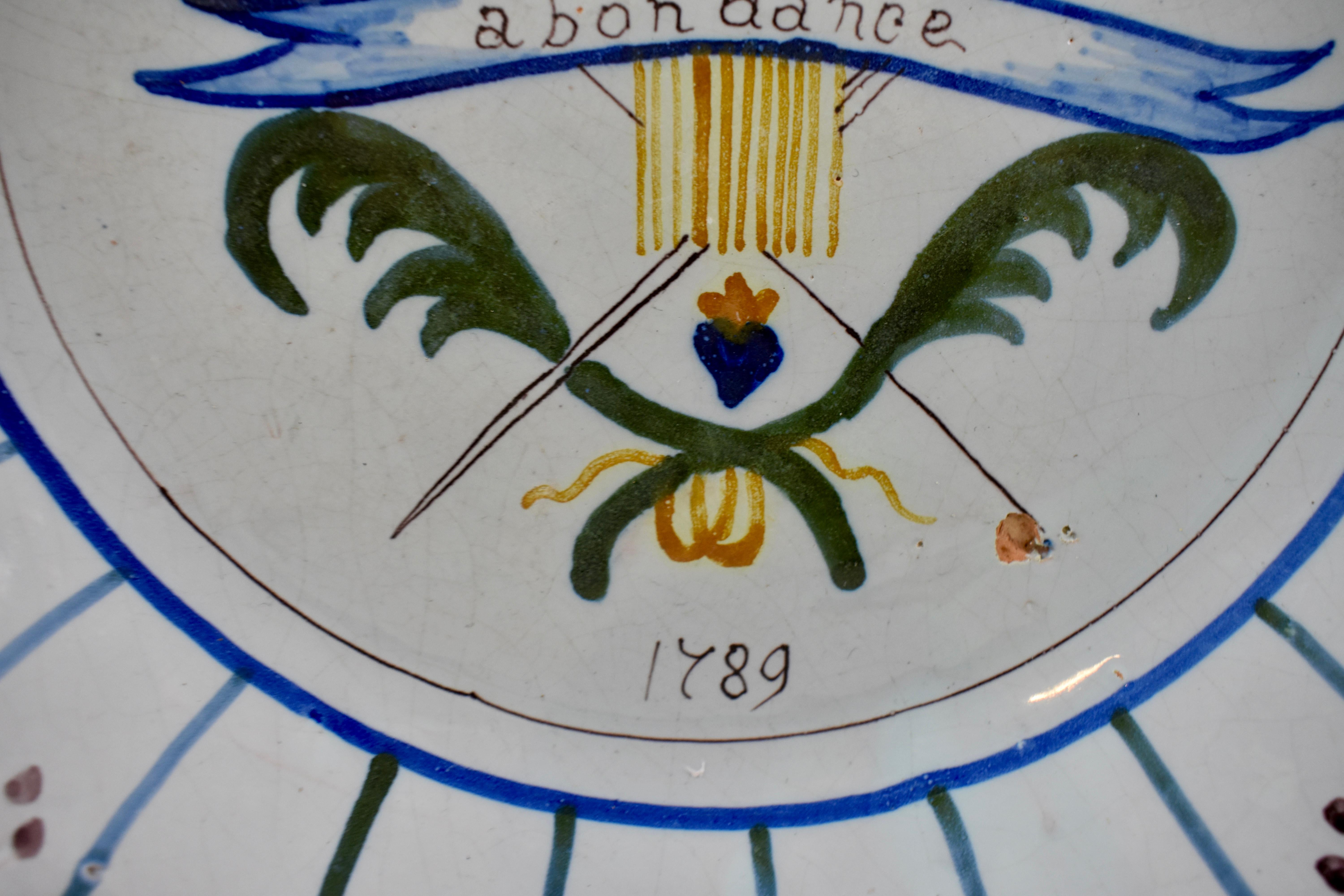 Earthenware 18th Century Nevers French Revolution Tin-Glazed Faïence Dish, Abondance