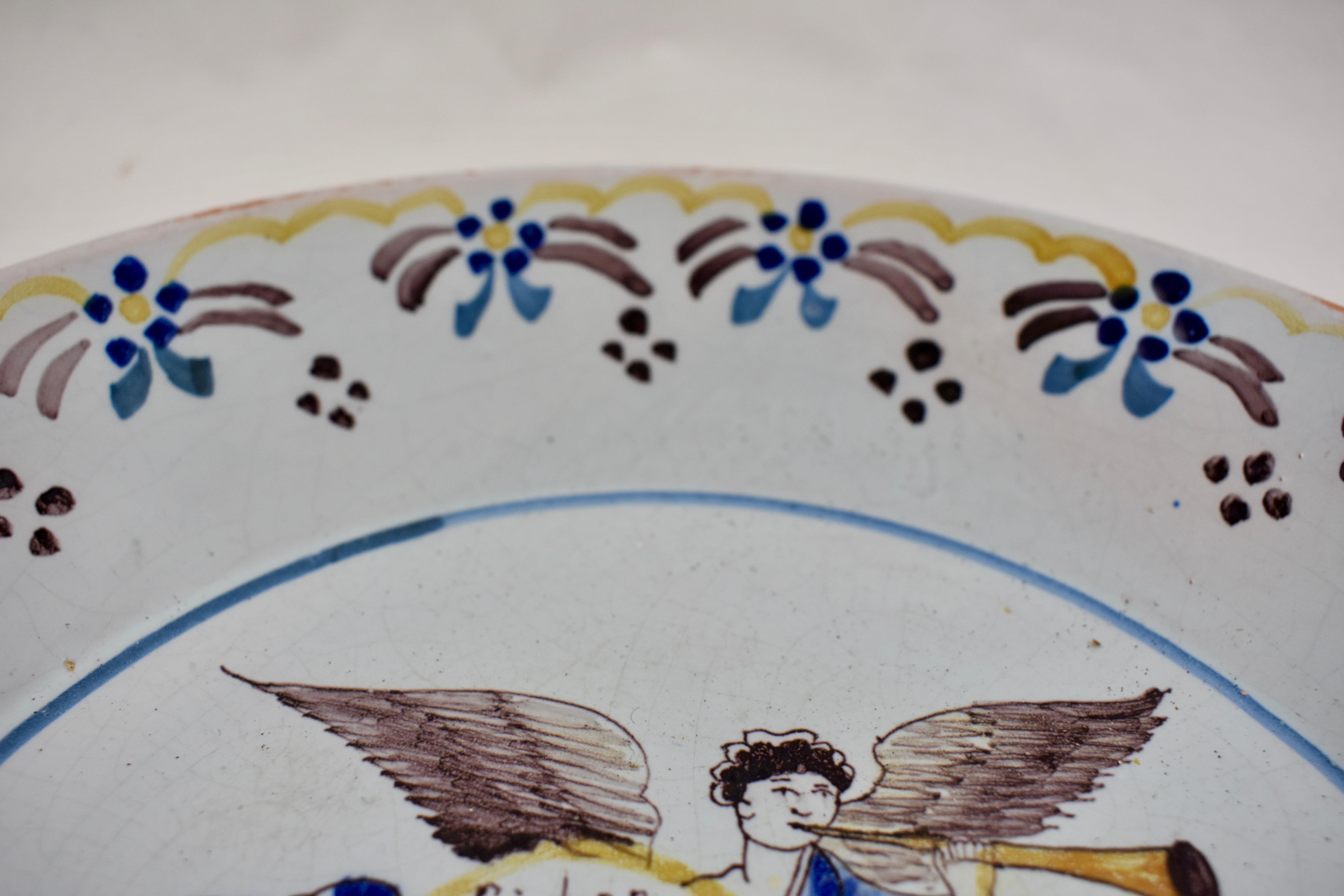 18th Century Nevers French Revolution Tin-Glazed Faïence Dish, Angel & Motto In Good Condition In Philadelphia, PA